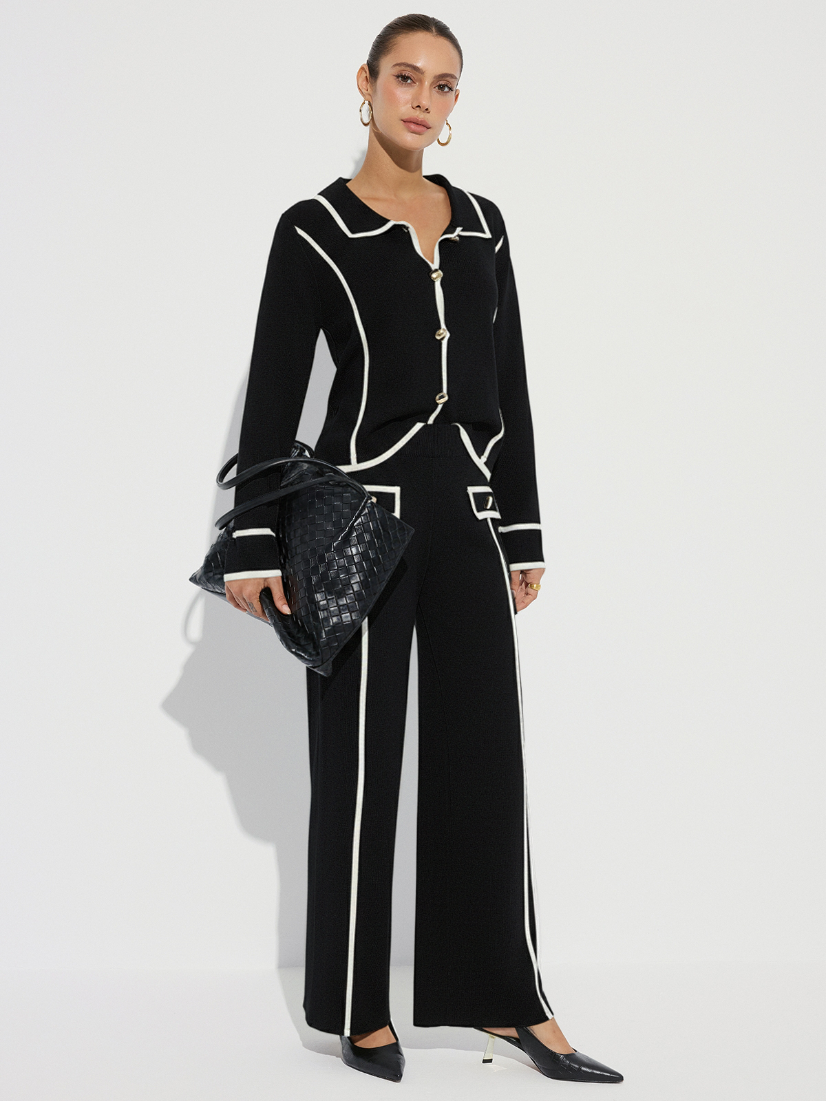 Contrast Piping Cotton Knit Co-ord Set