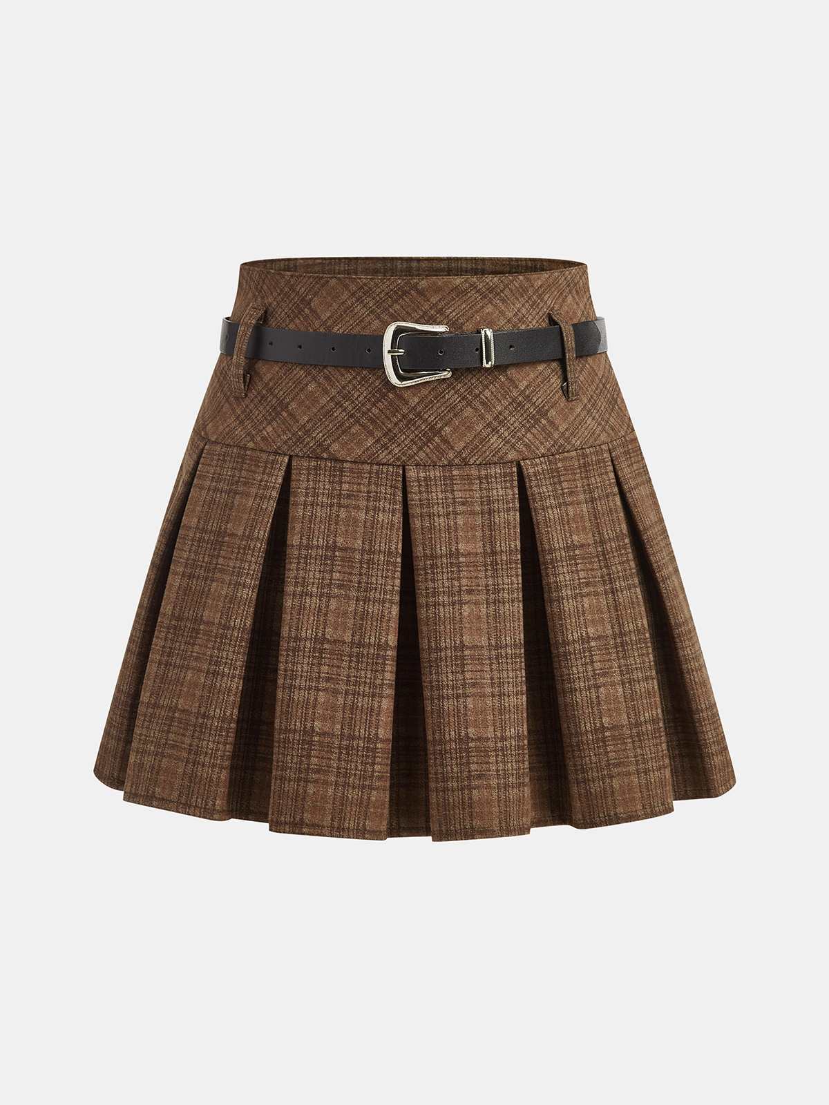 Belted Pleated Plaid Mini Skirt