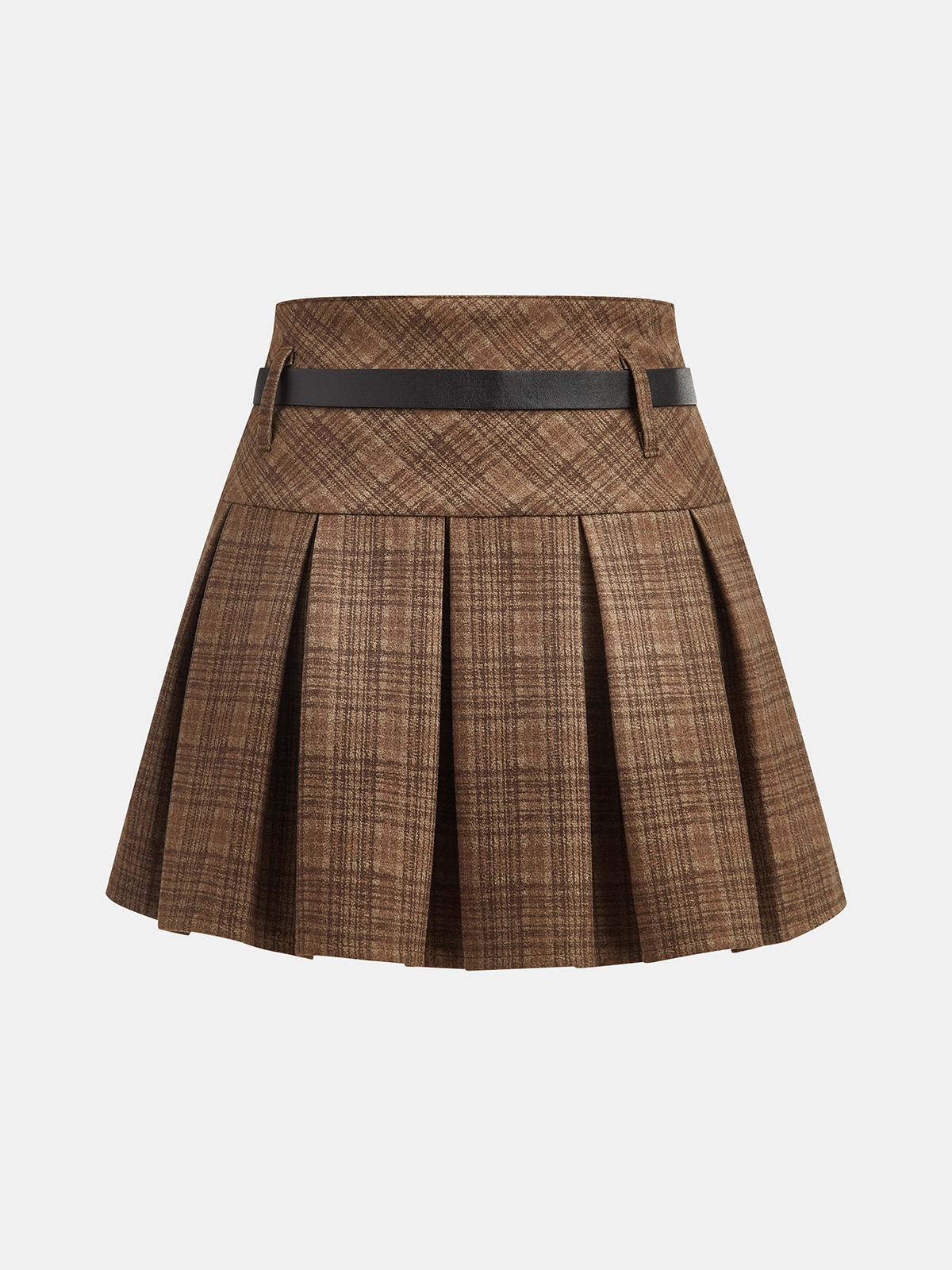 Belted Pleated Plaid Mini Skirt
