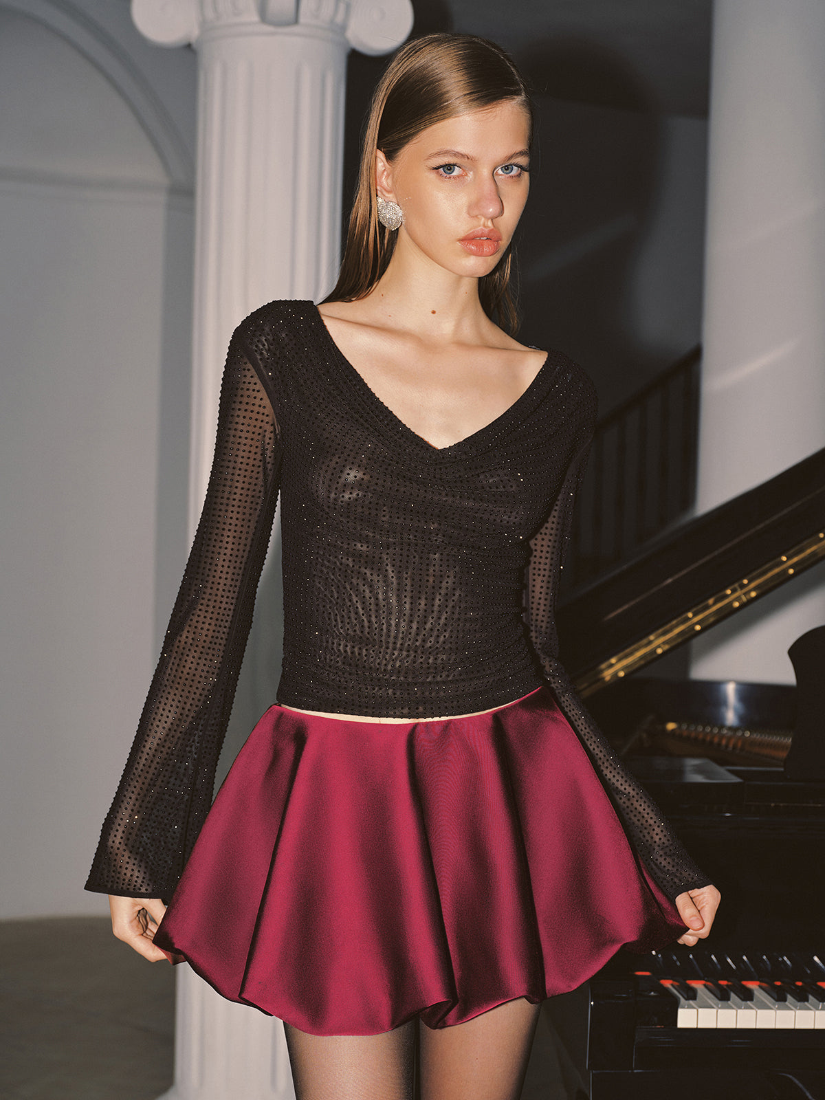 Cowl Neck Rhinestone Long Sleeve Top
