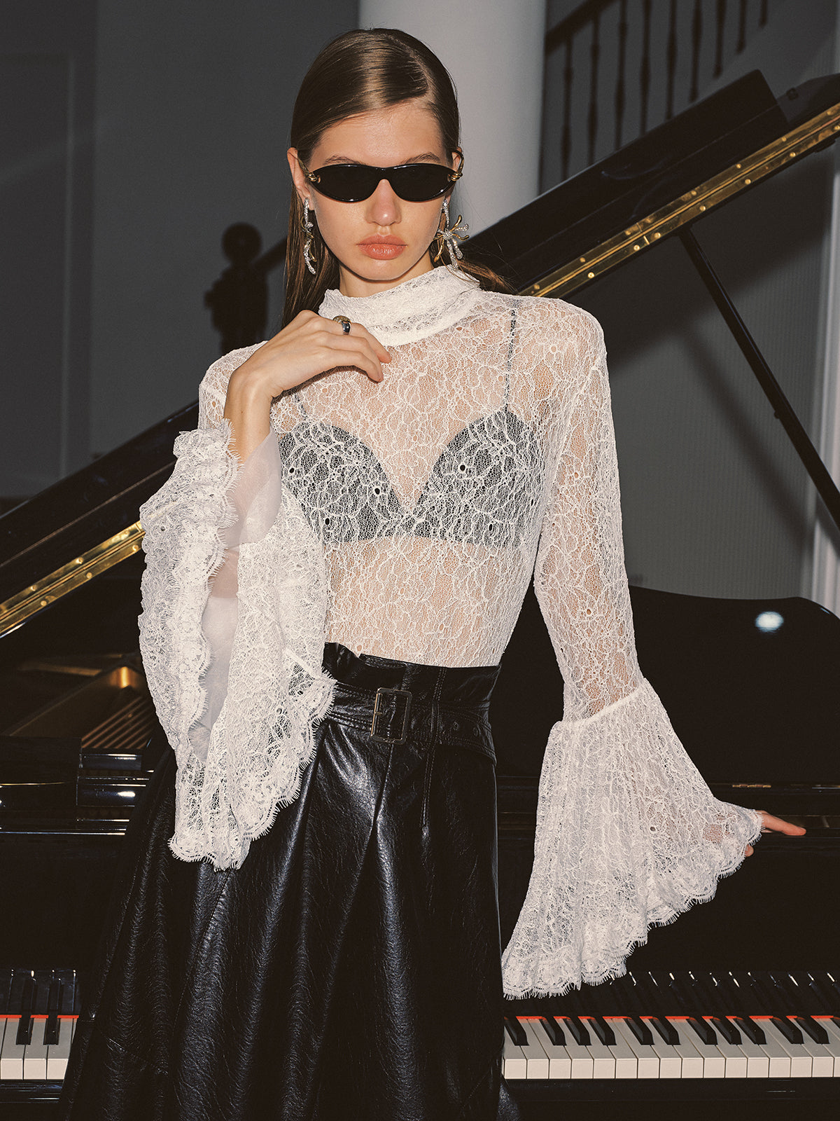 Lace High Neck Bell Sleeve Top