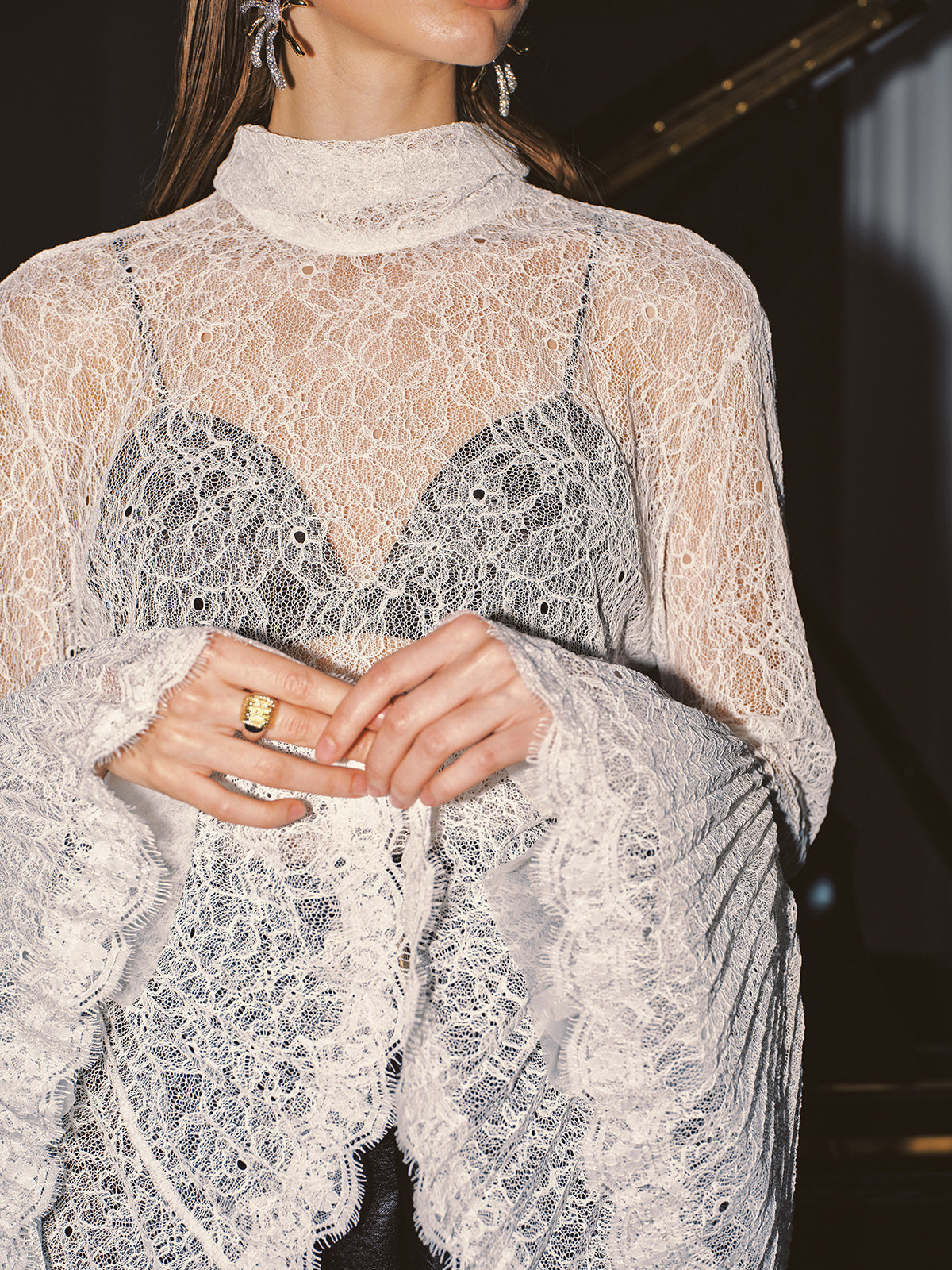 Lace High Neck Bell Sleeve Top