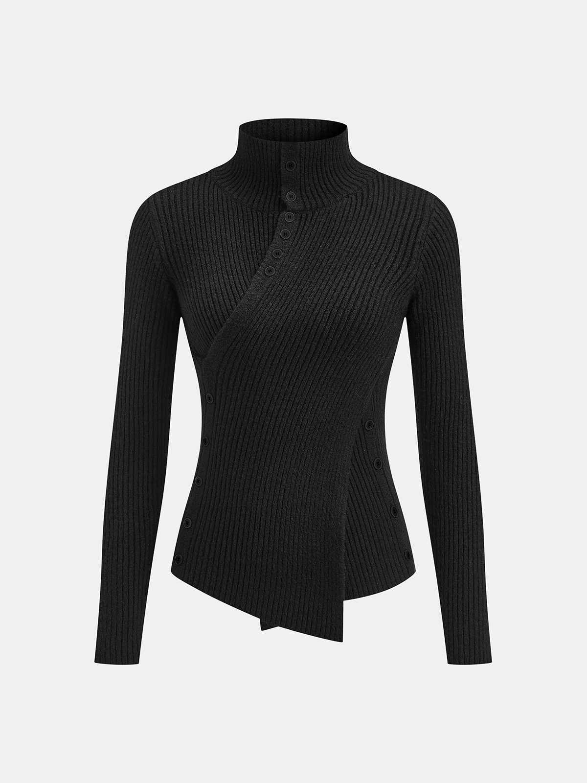 Stand Collar Asymmetric Button Ribbed Knit Top