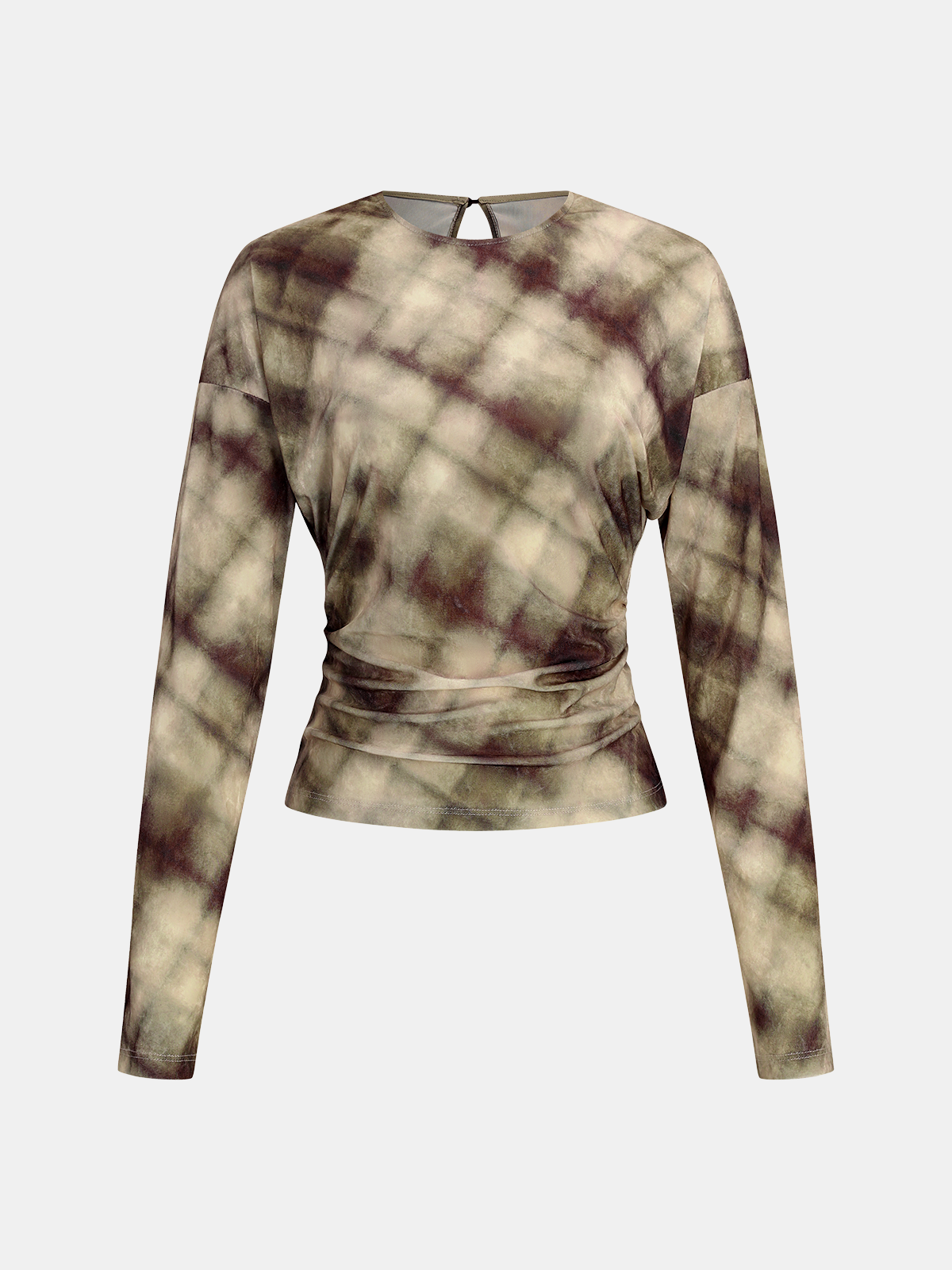 Plaid Velvet Ruched Long-Sleeve Top