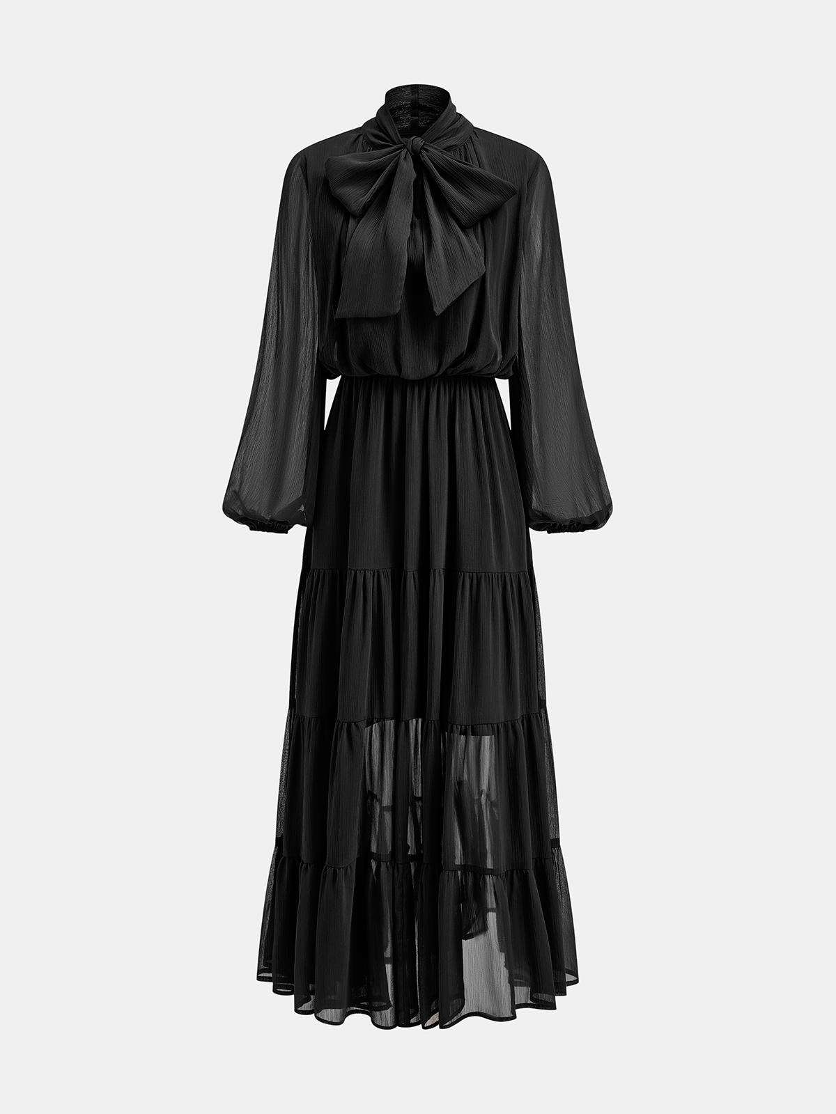 Chiffon Bow Long Sleeve Maxi Dress