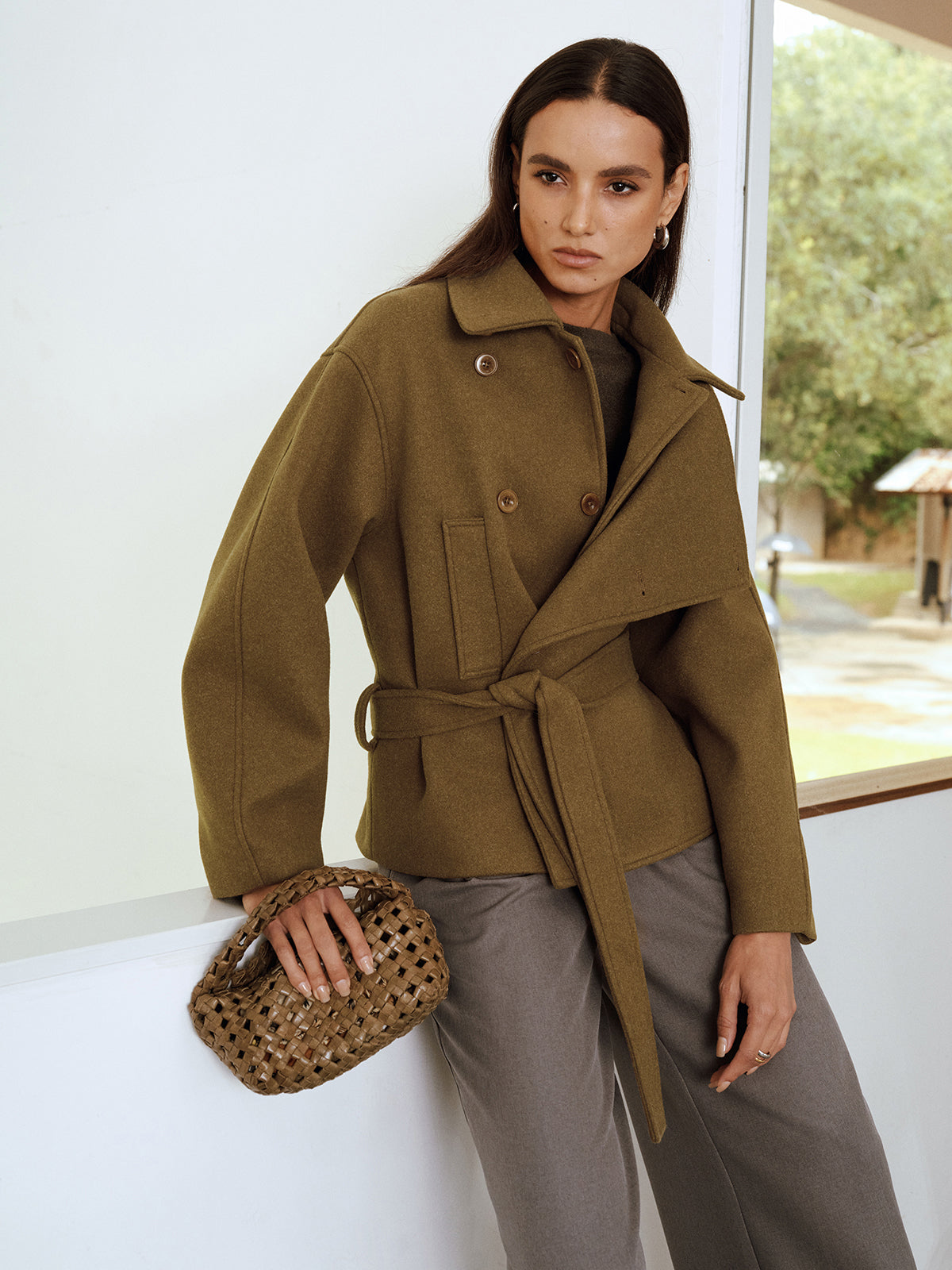 Belted Faux Cashmere Collared Coat
