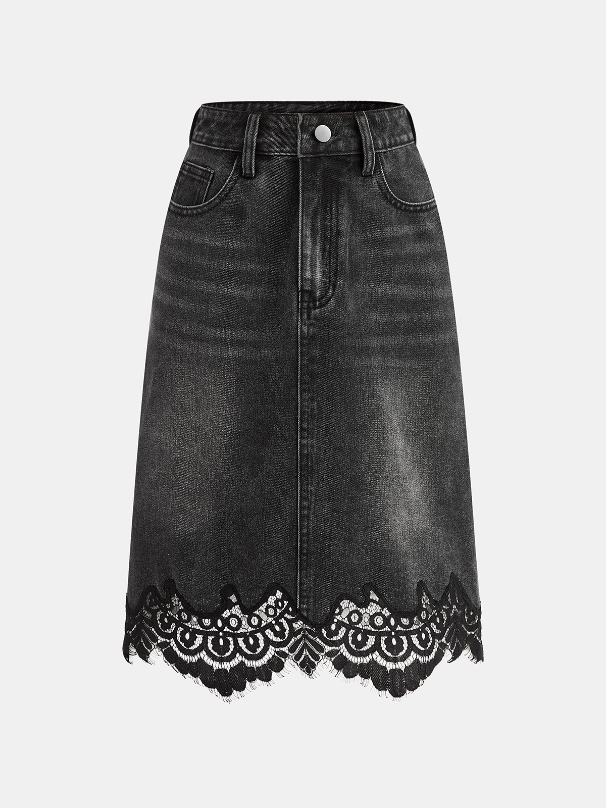 Lace Hem Denim Midi Skirt