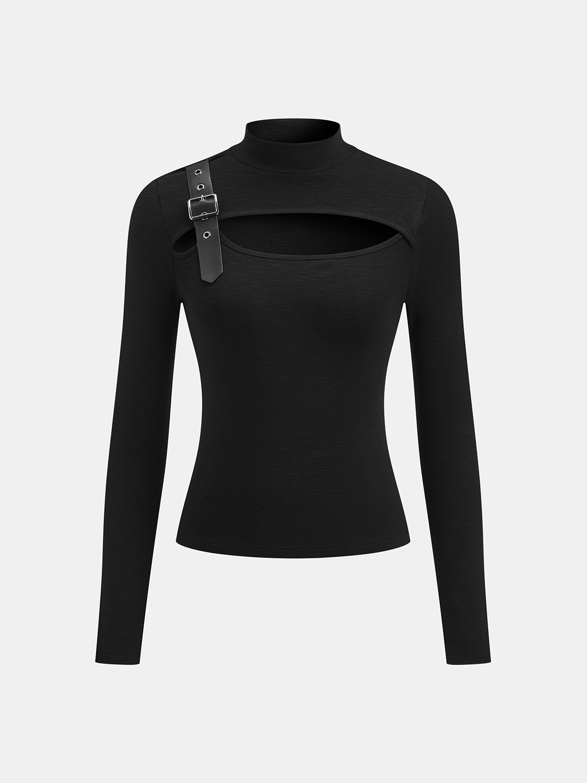 Buckle Detail Cut-Out Mock Neck Top