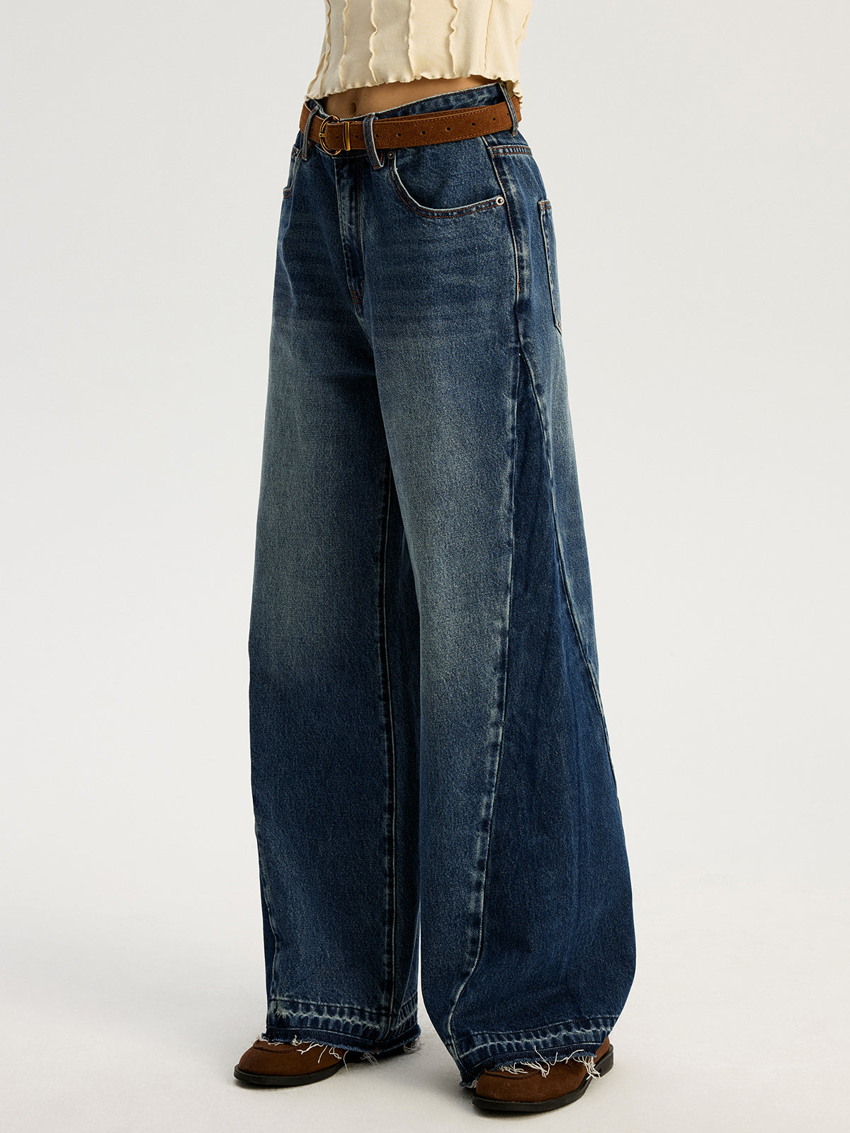 Low Rise Two Tone Ultra Wide Leg Jeans