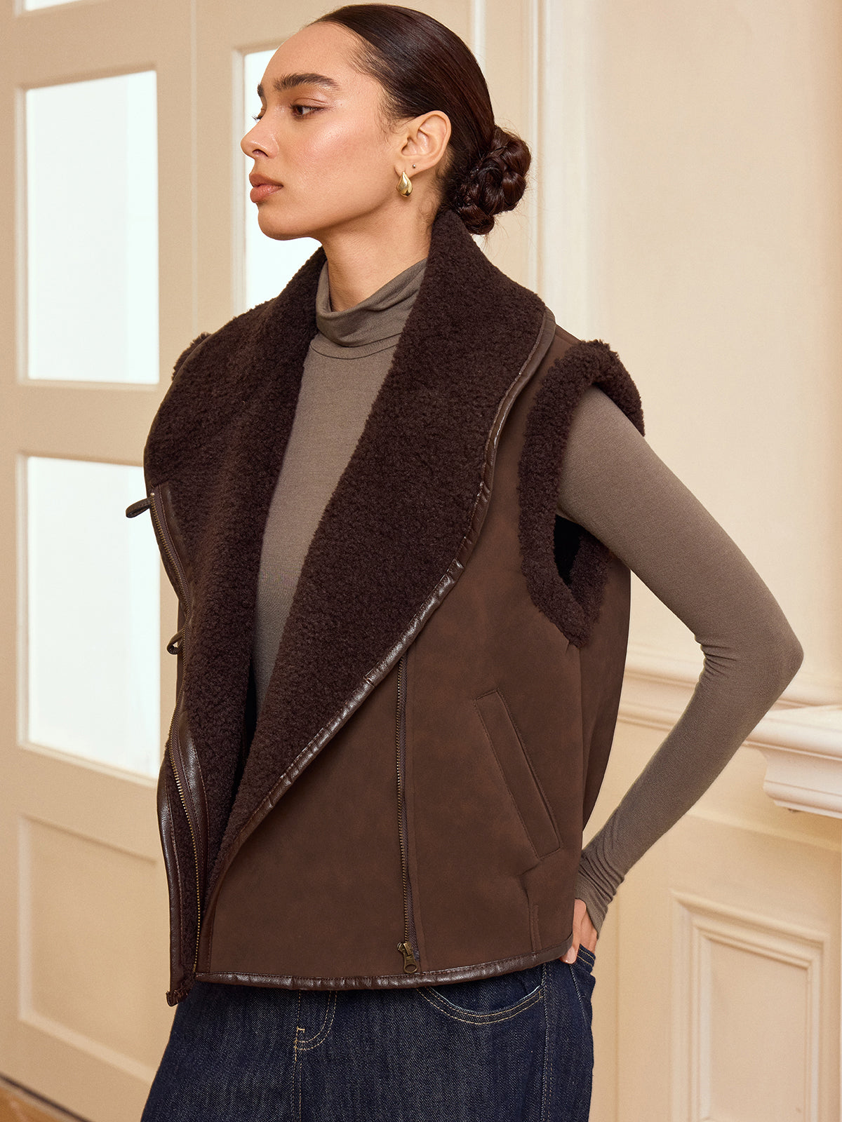 Collared Zip-Up Shearling Vest