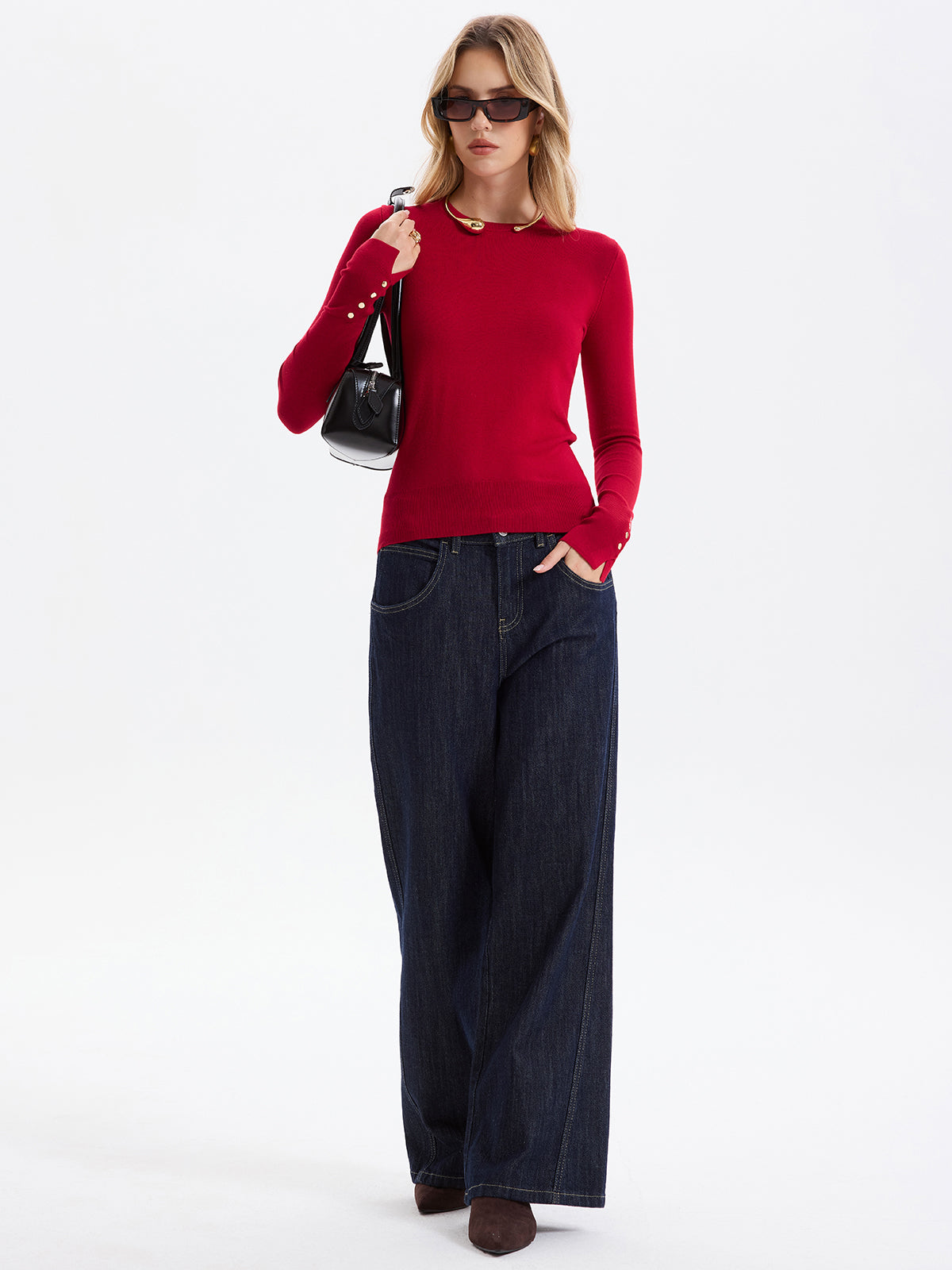 Button-Cuff Wool-Blend Knit Sweater