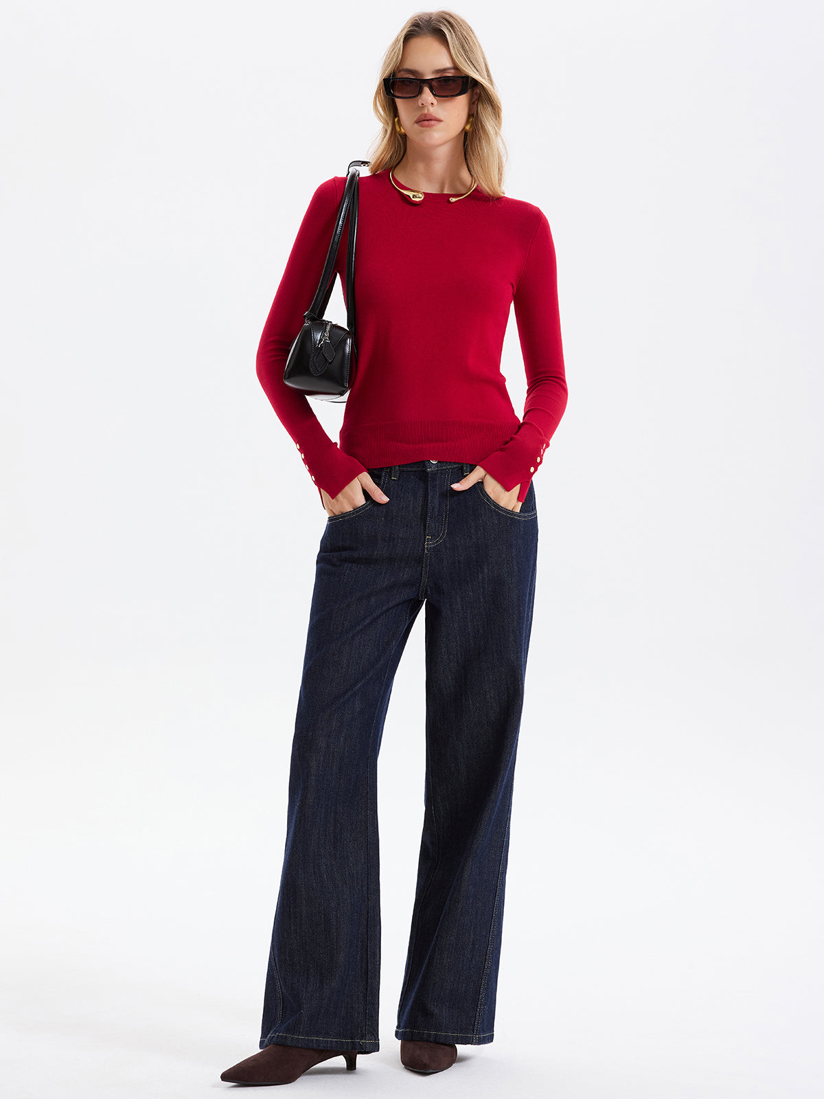 Button-Cuff Wool-Blend Knit Sweater