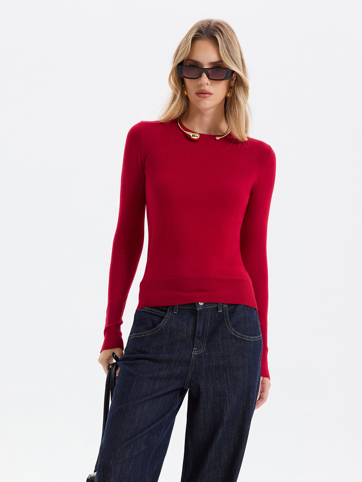 Button-Cuff Wool-Blend Knit Sweater