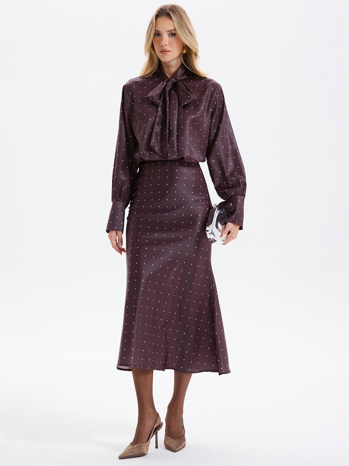 Polka Dot Bow-Tie Blouse and Midi Skirt set