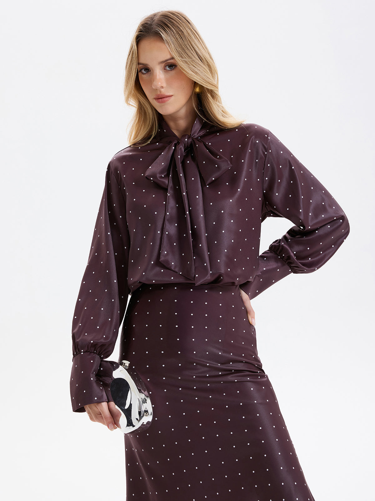 Polka Dot Bow-Tie Blouse and Midi Skirt set