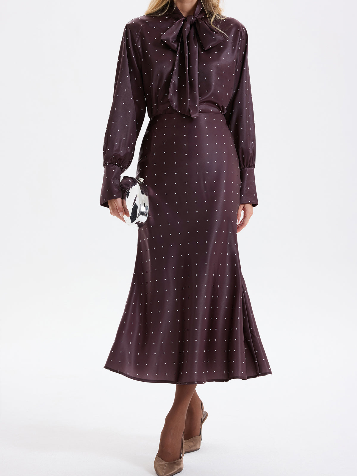 Polka Dot Bow-Tie Blouse and Midi Skirt set