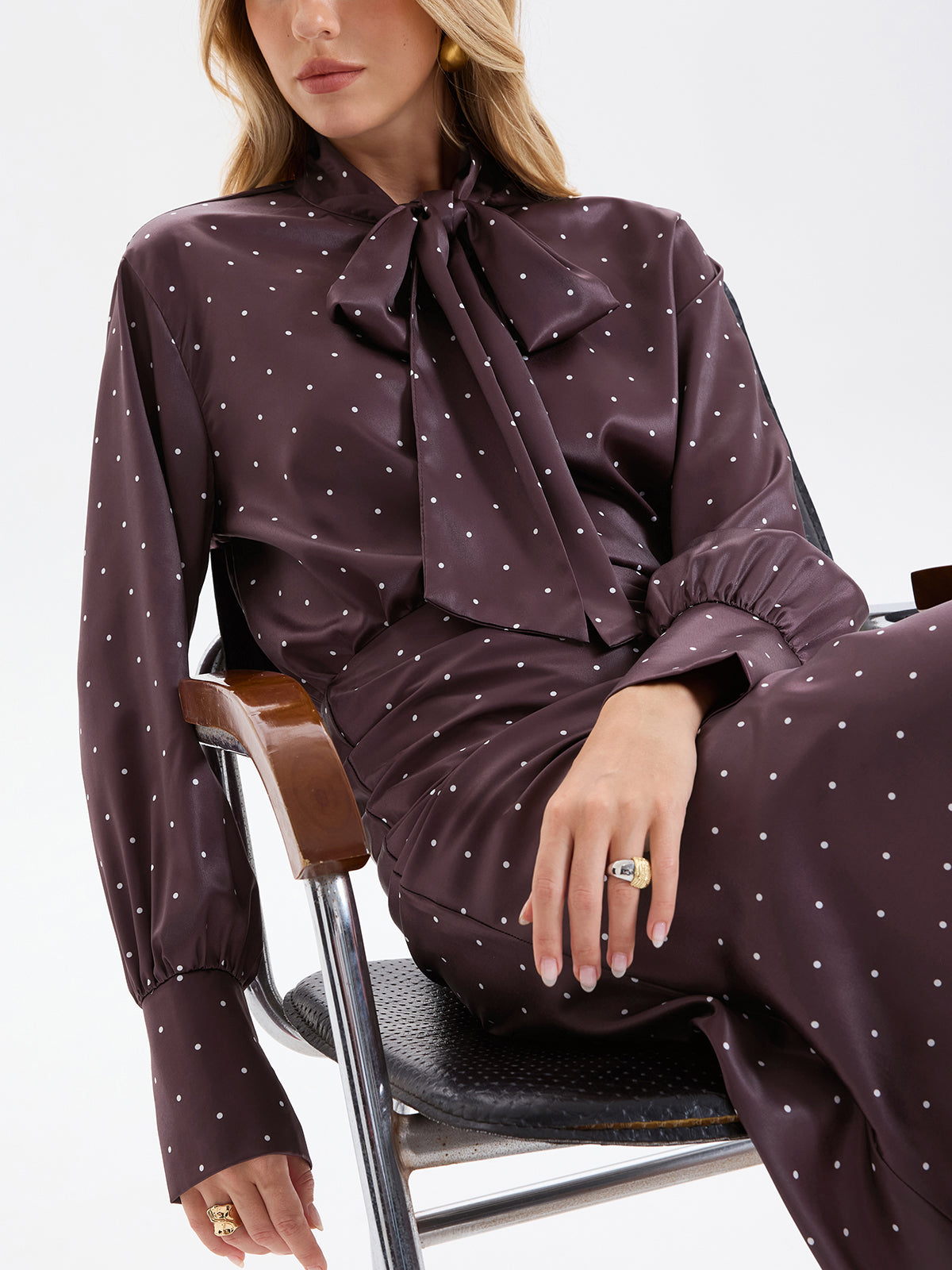 Polka Dot Bow-Tie Blouse and Midi Skirt set