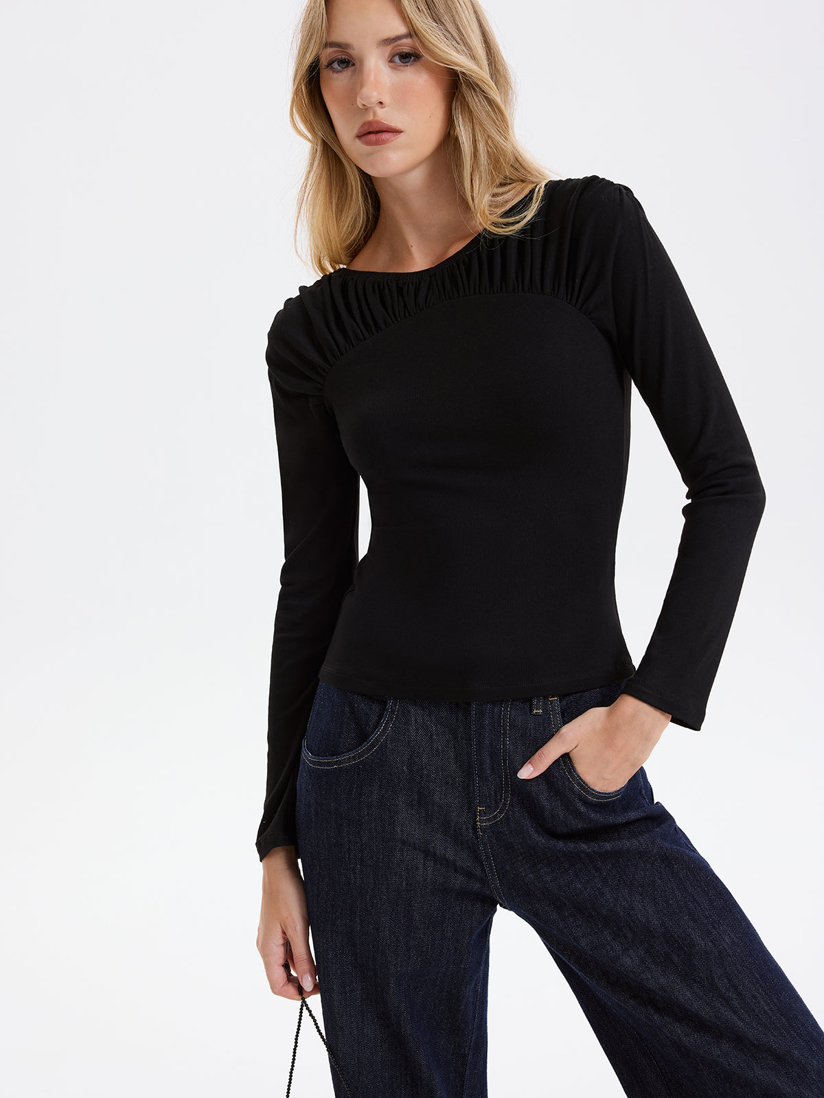 Smocked Neck Long-Sleeve Blouse