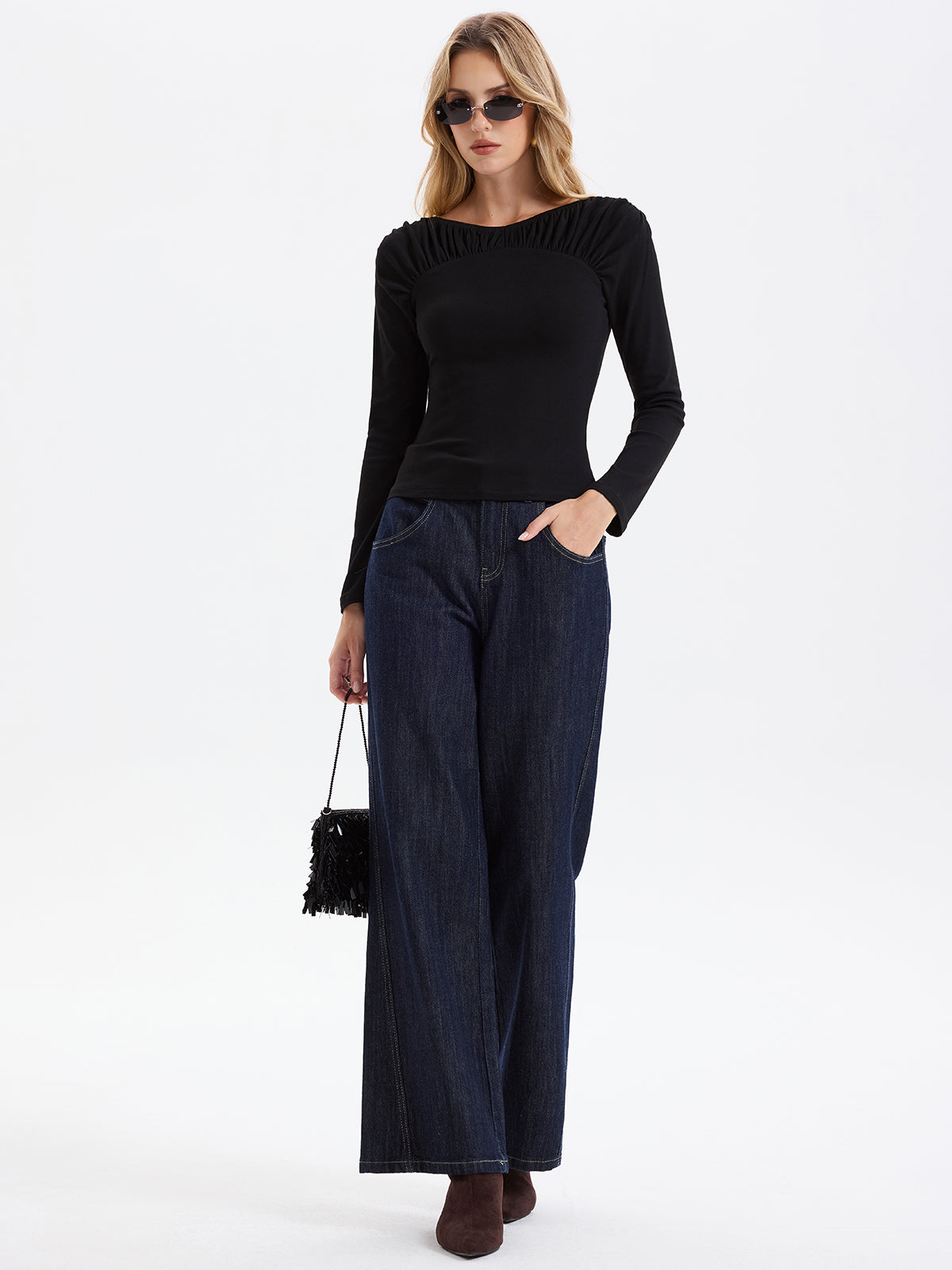 Smocked Neck Long-Sleeve Blouse