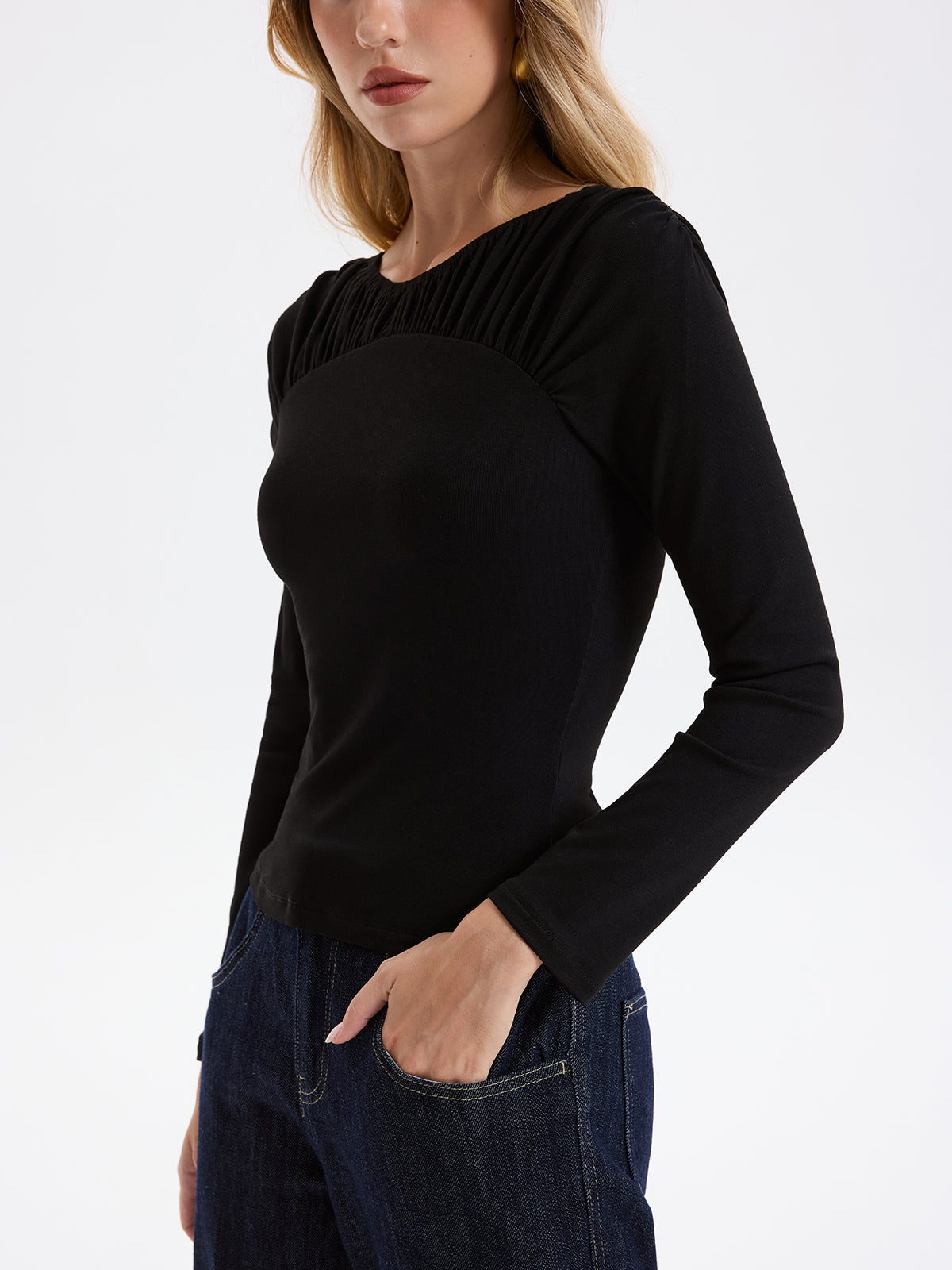 Smocked Neck Long-Sleeve Blouse