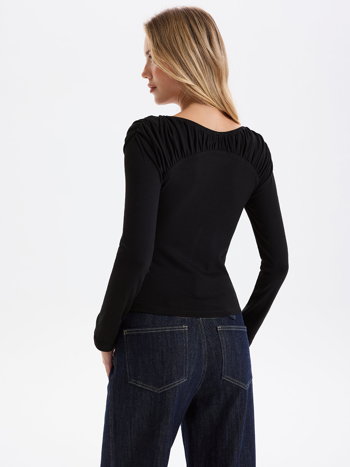 Smocked Neck Long-Sleeve Blouse