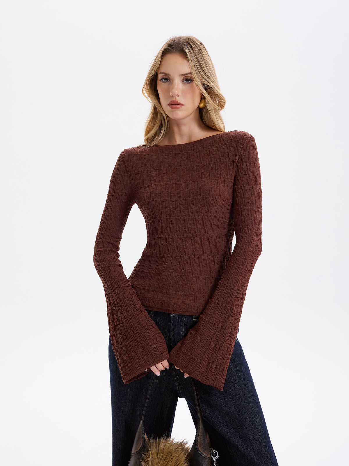 Haut pull en maille texturée à manches évasées