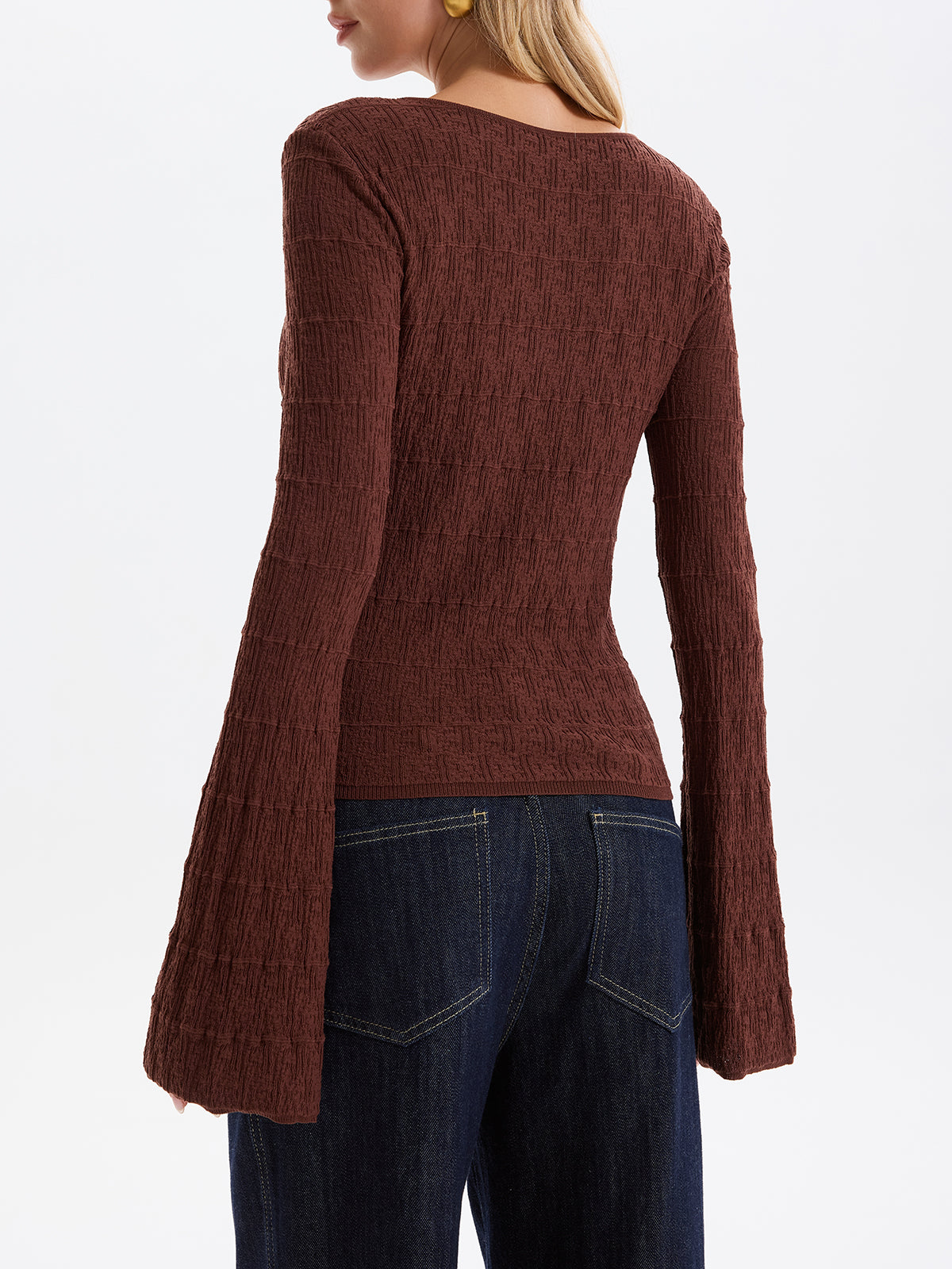 Flared Sleeve Textured Knit Pullover Top