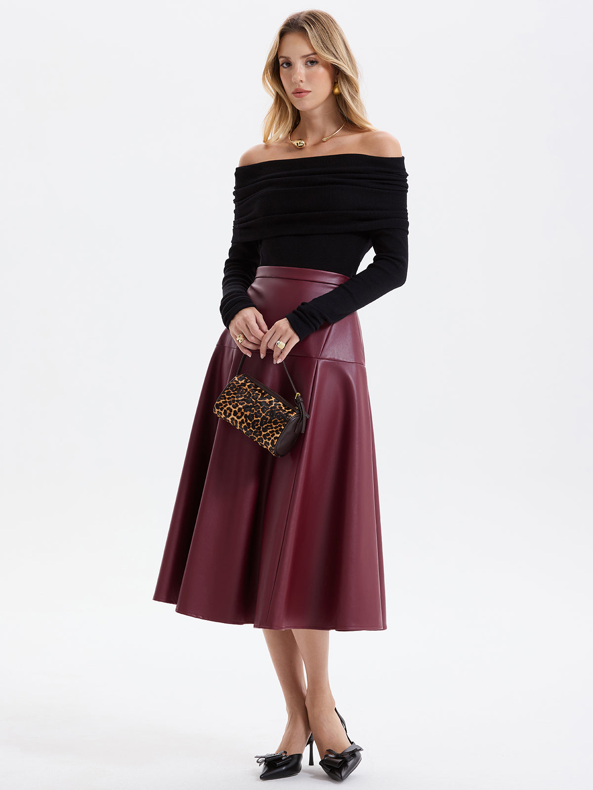 Wave Hem Faux Leather Midi Skirt