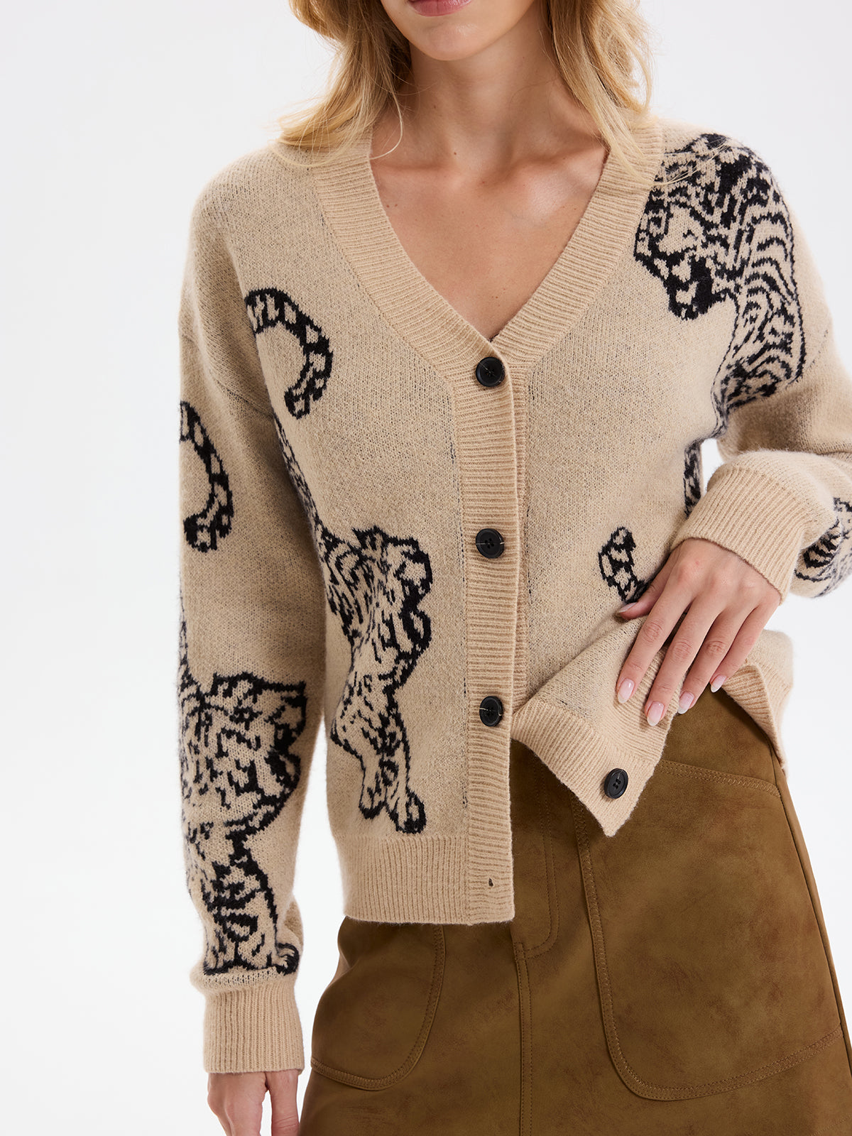 Tiger Jacquard V-Neck Knit Cardigan