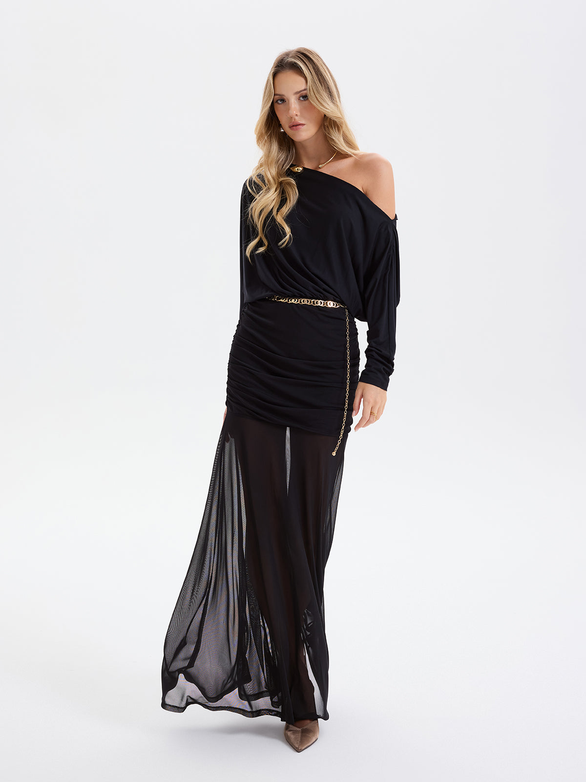 Mesh Panel Off-Shoulder Ruched Maxi Dress without Belt
