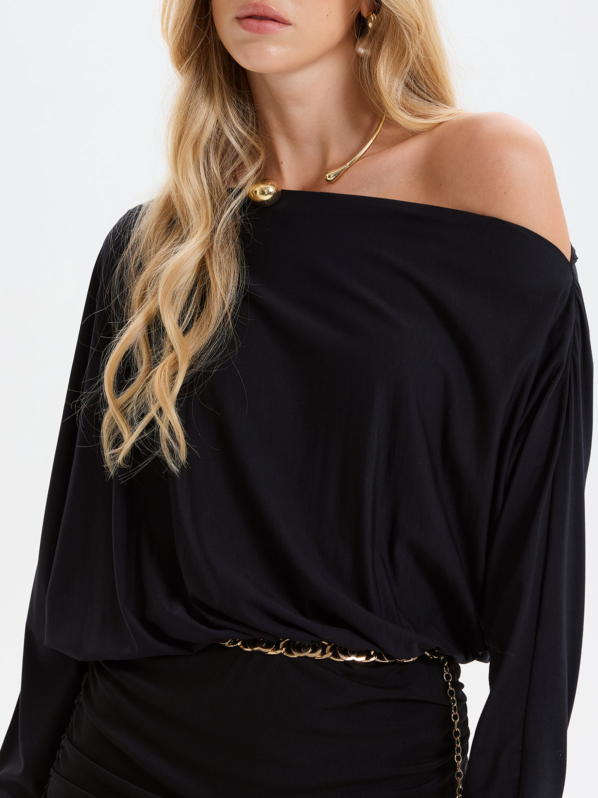 Mesh Panel Off-Shoulder Ruched Maxi Dress without Belt