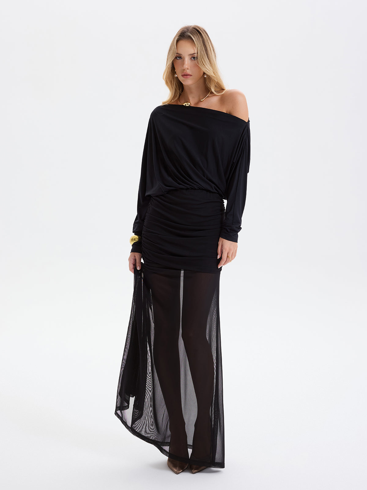 Mesh Panel Off-Shoulder Ruched Maxi Dress without Belt