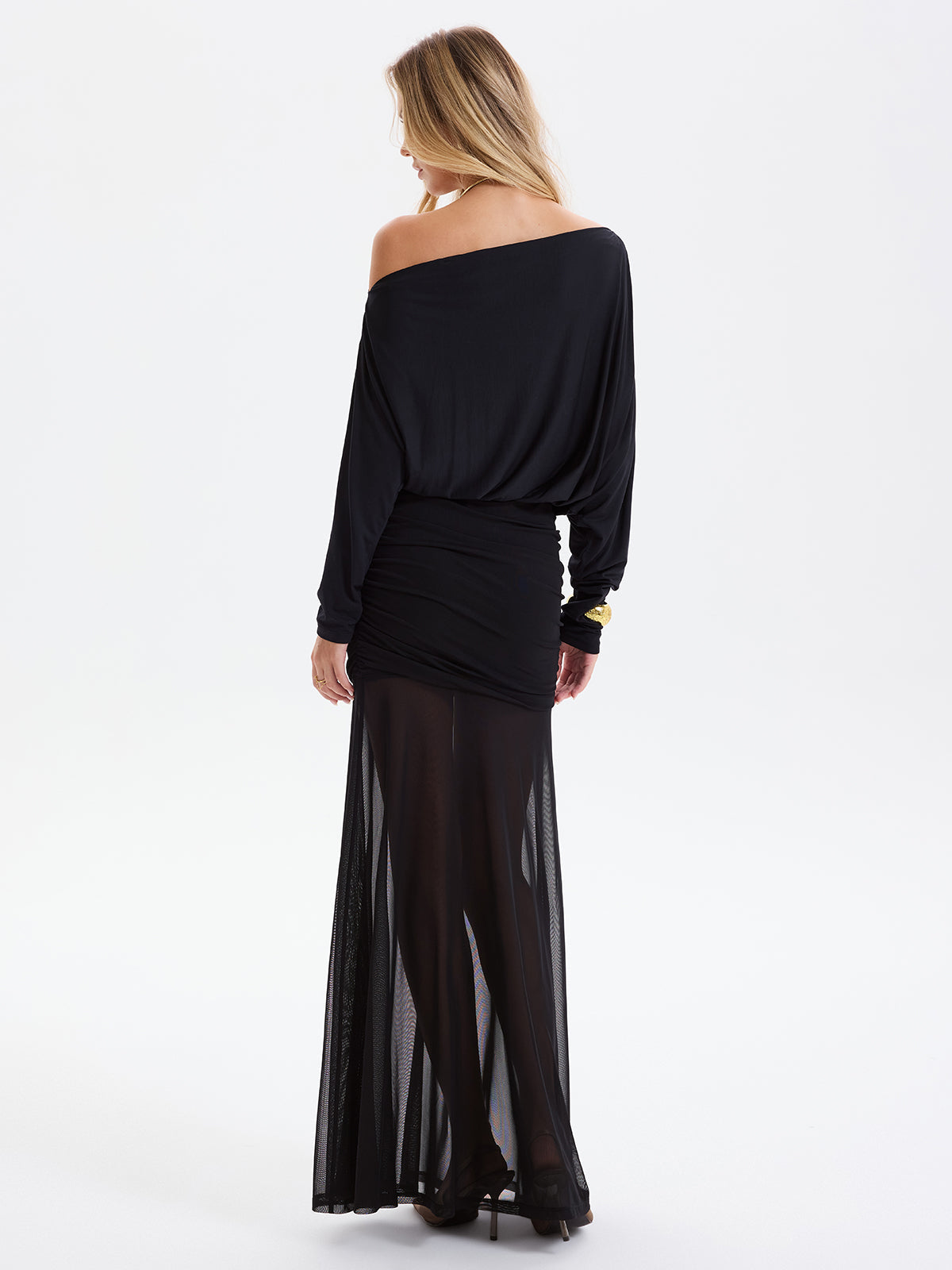 Mesh Panel Off-Shoulder Ruched Maxi Dress without Belt