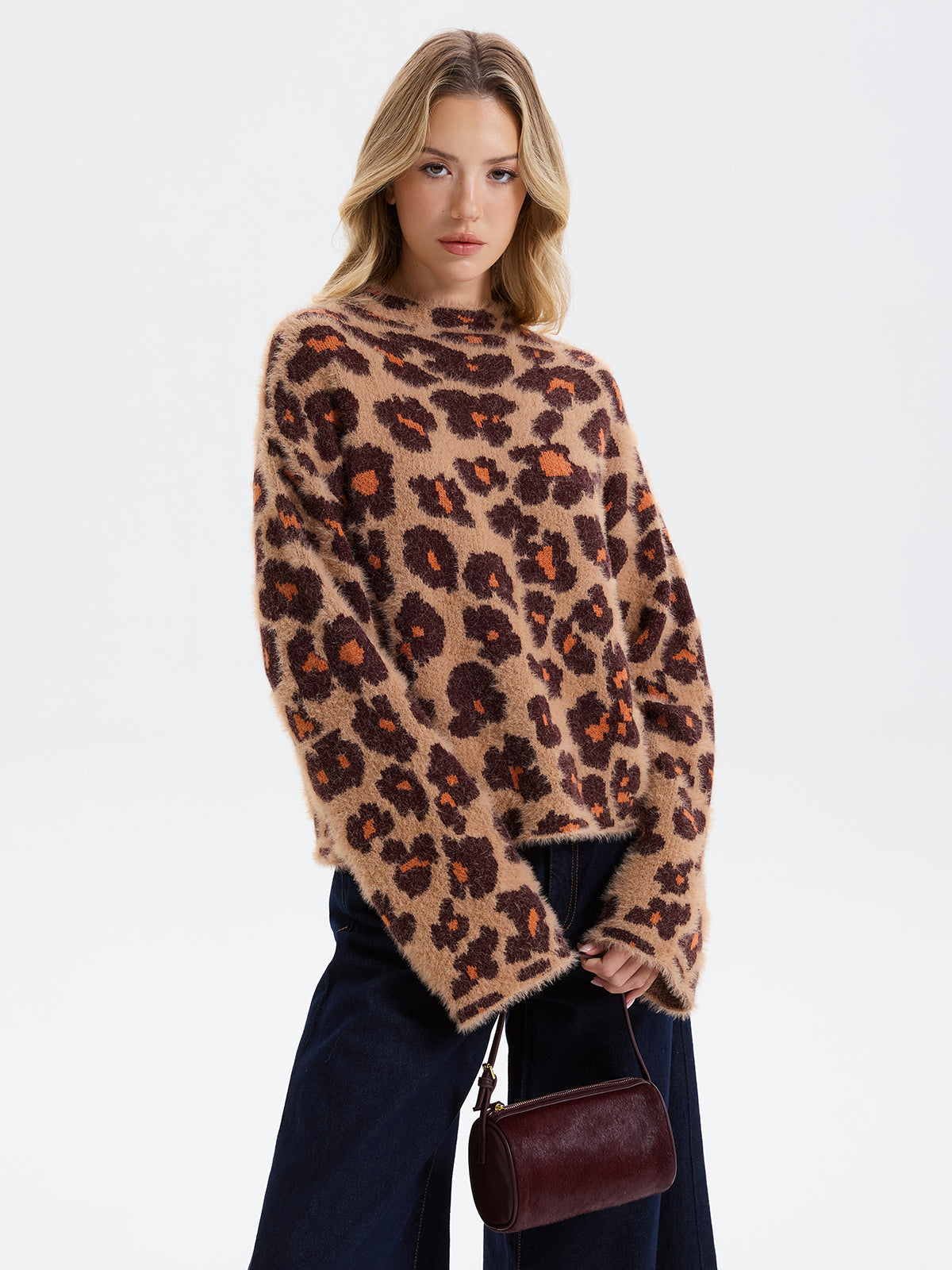 Loose Leopard Jacquard Fuzzy Sweater without Belt