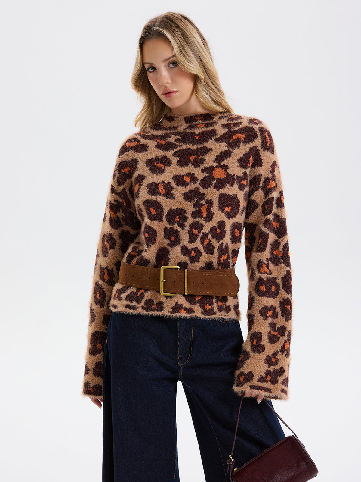 Loose Leopard Jacquard Fuzzy Sweater without Belt