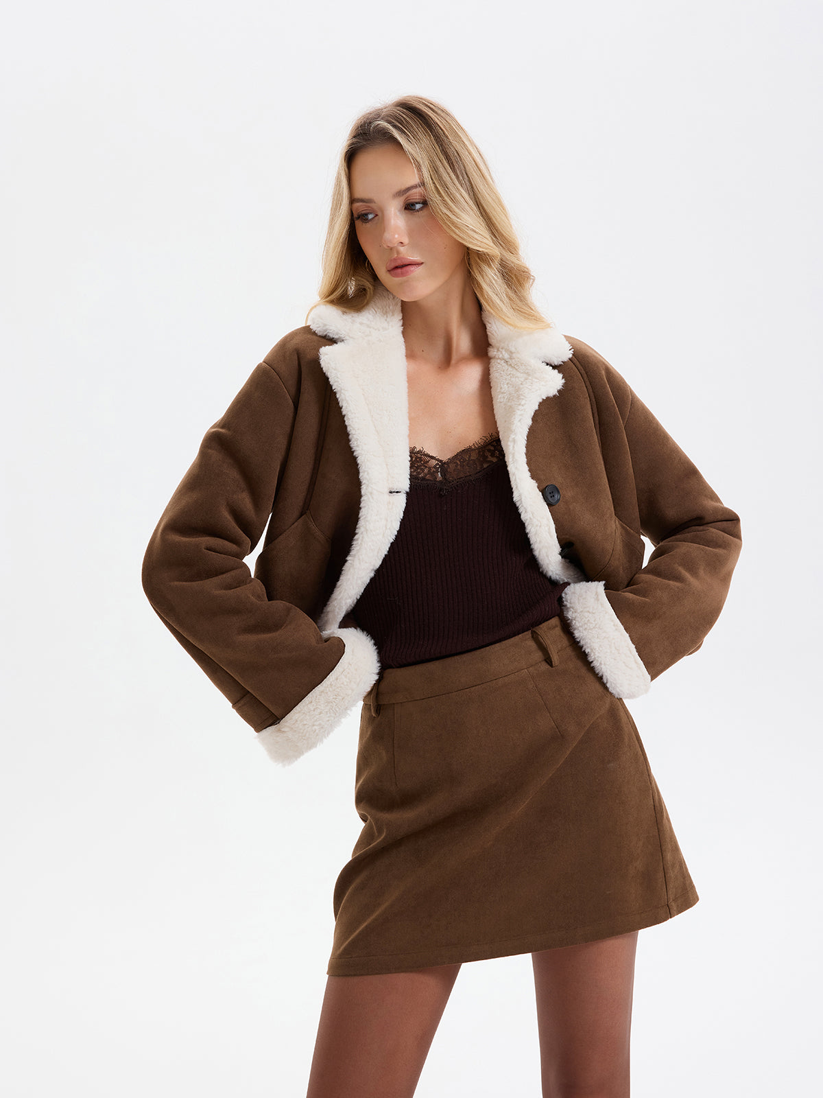 Fleece Lined Suede Effect Cropped Jacket