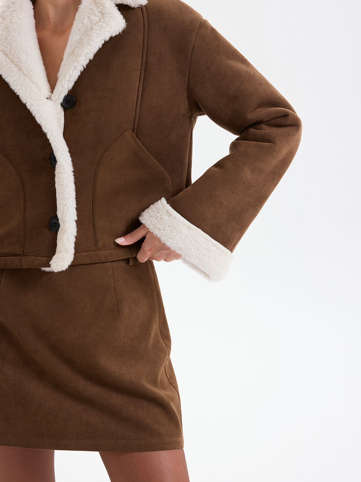 Fleece Lined Suede Effect Cropped Jacket