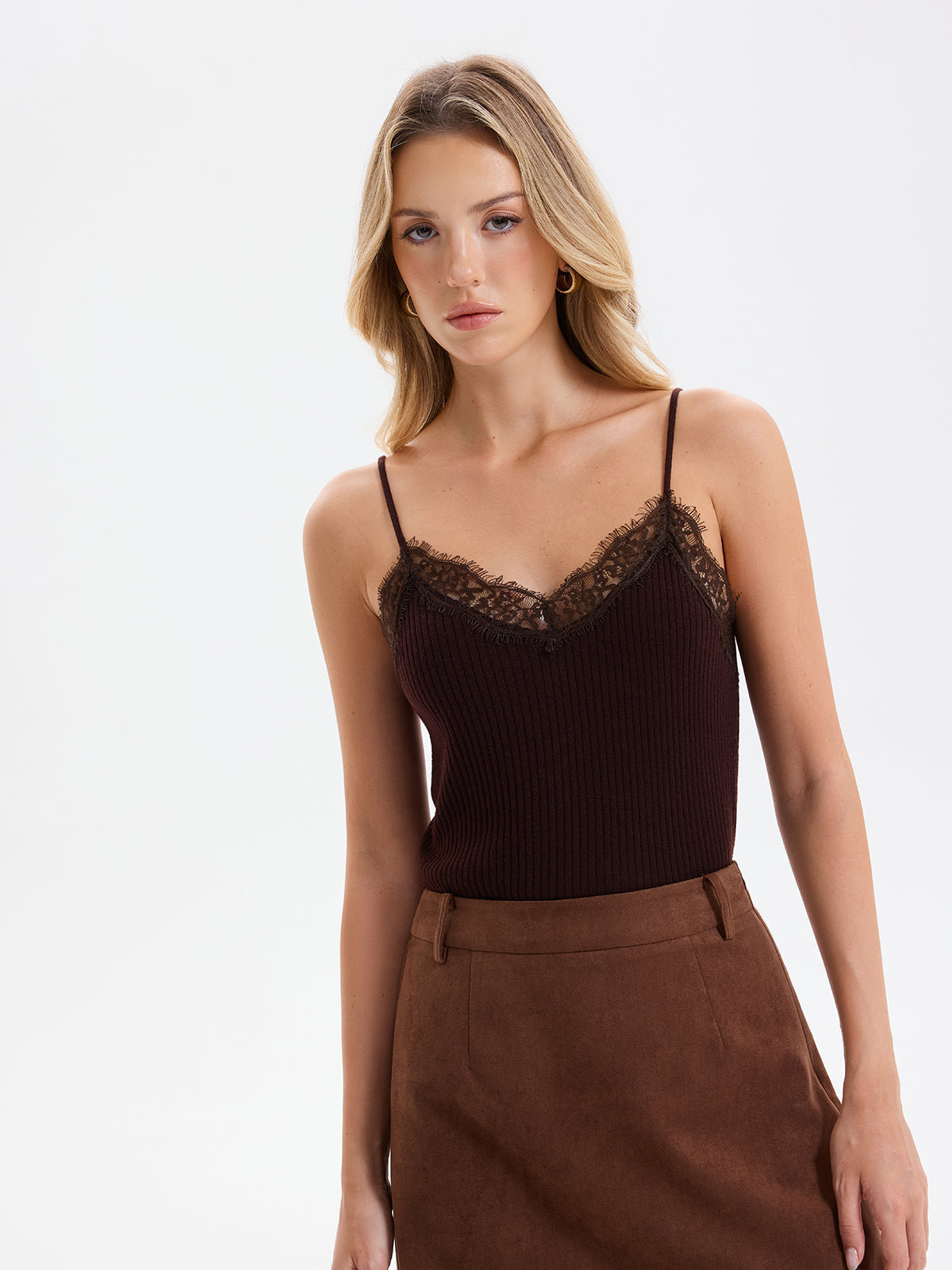 Lace Trim Ribbed Knit Cami Top