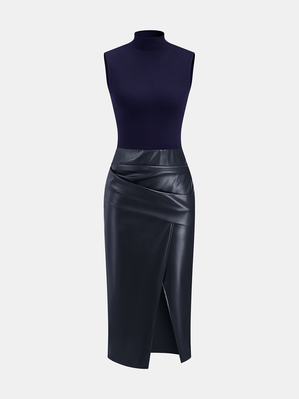 Ärmelloses Kleid mit Stehkragen und Kunstleder-Einsätzen