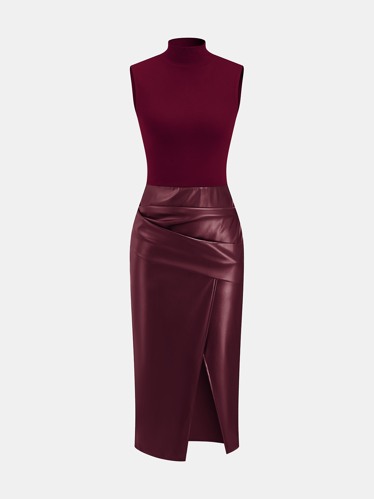 Ärmelloses Kleid mit Stehkragen und Kunstleder-Einsätzen
