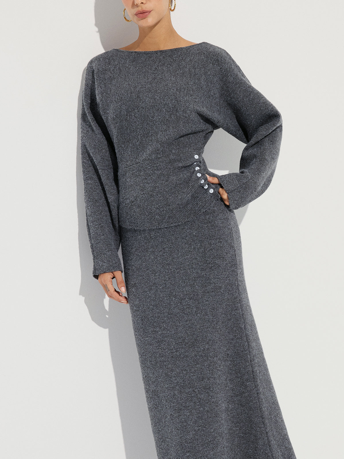 Knit Button Detail Top and Maxi Skirt Set