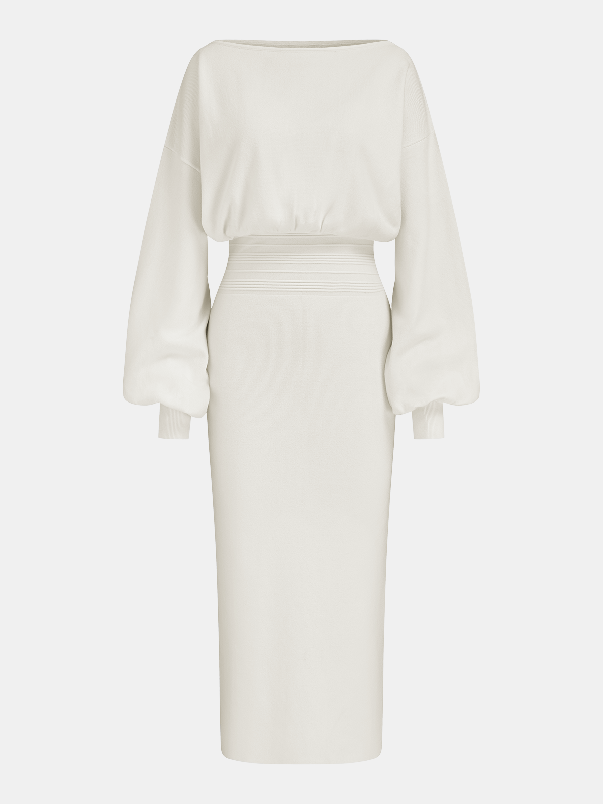 Robe midi en maille à manches ballon et taille marquée