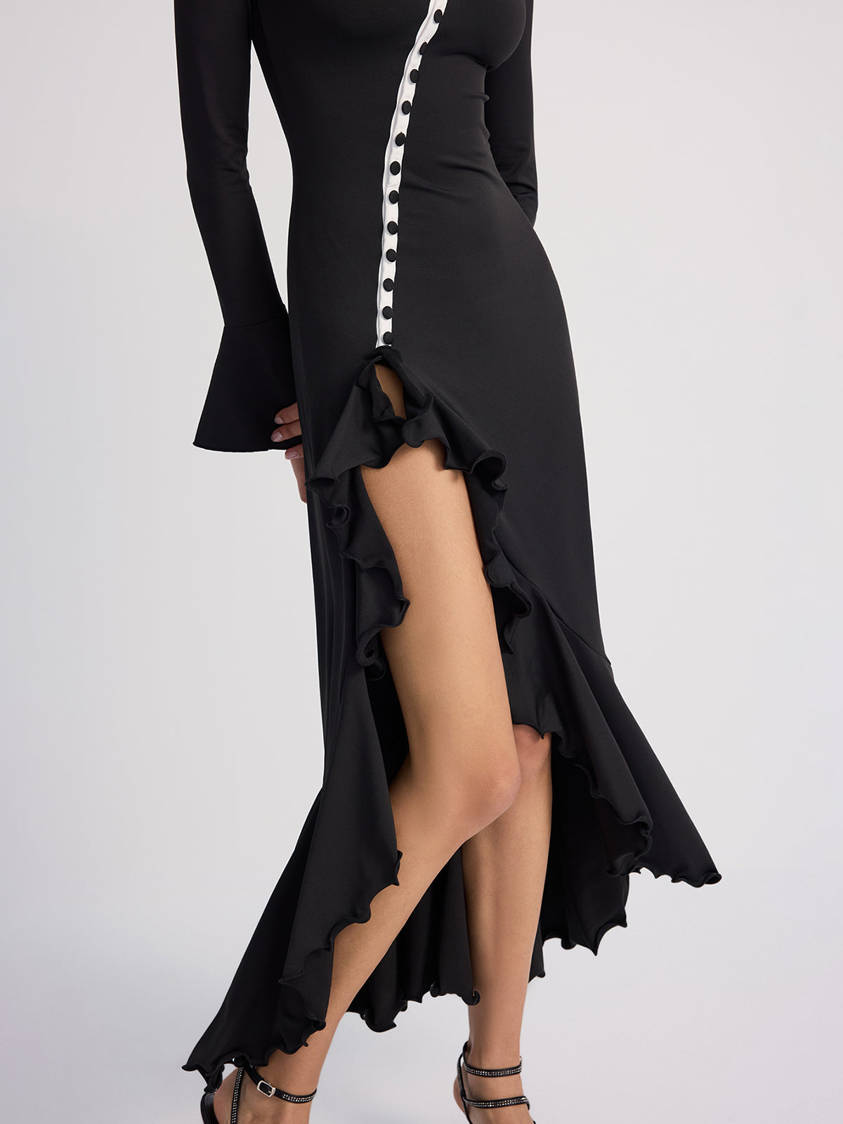 Ruffled Contrast-Trim Button-Front Midi Dress