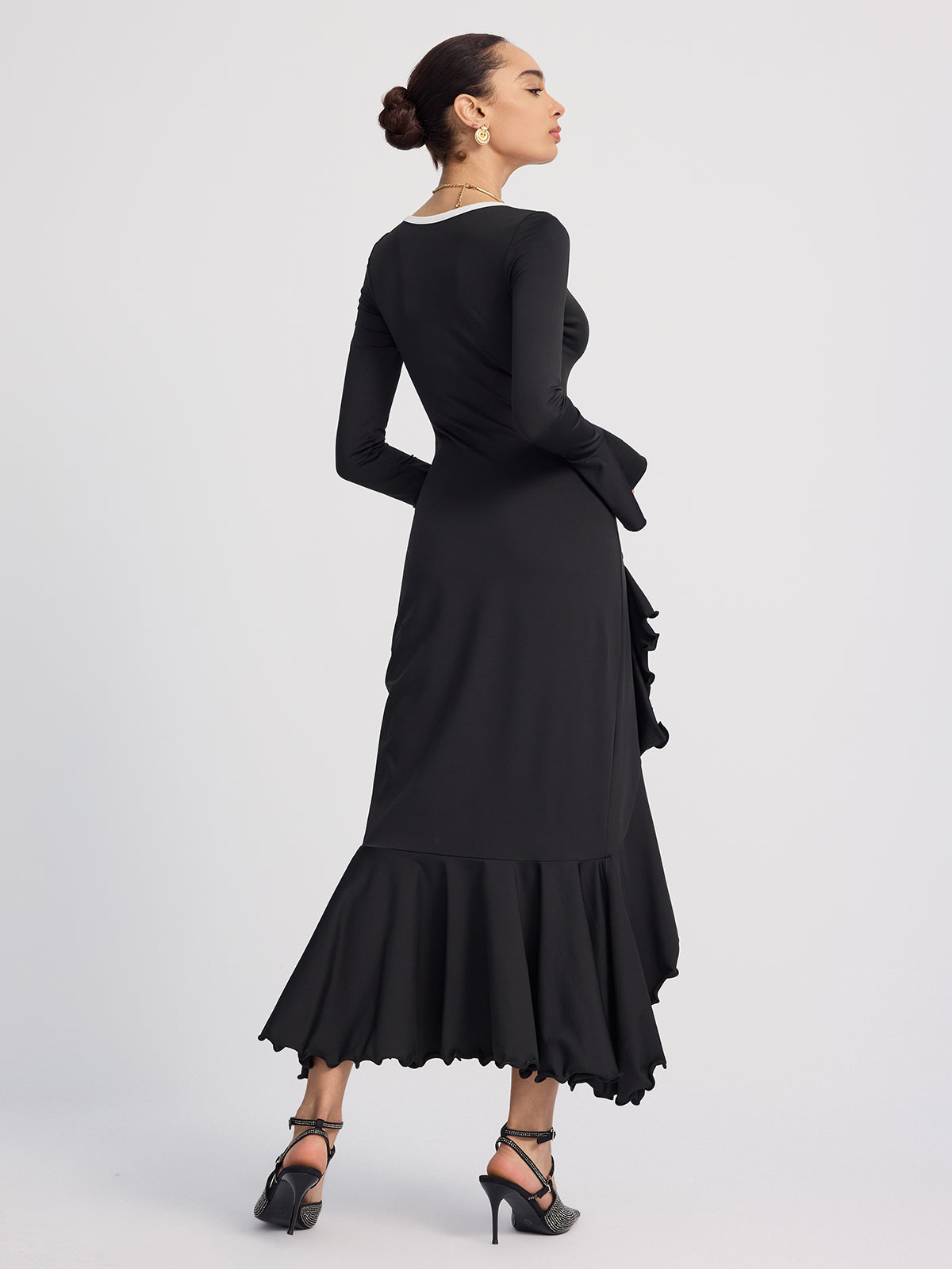 Ruffled Contrast-Trim Button-Front Midi Dress