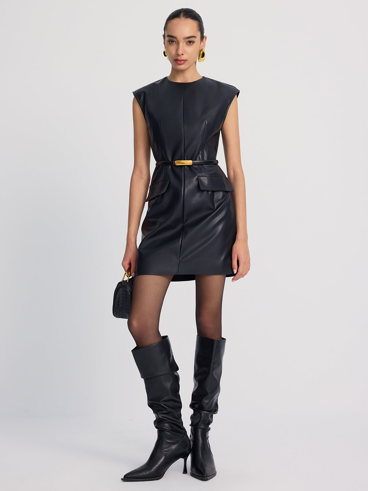 Belted Faux Leather Mini Dress