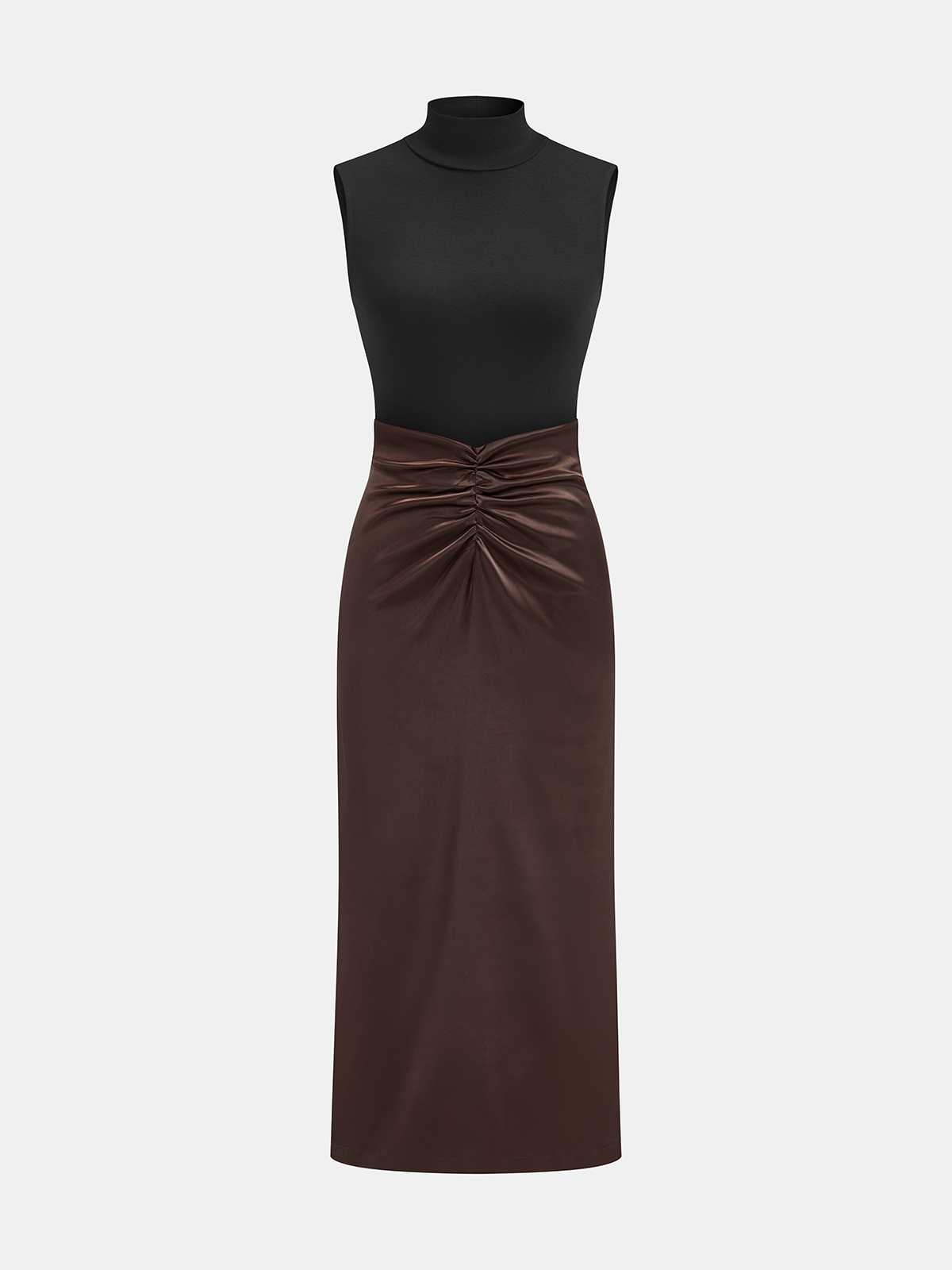 Mock Neck Top and Ruched Satin Skirt Set