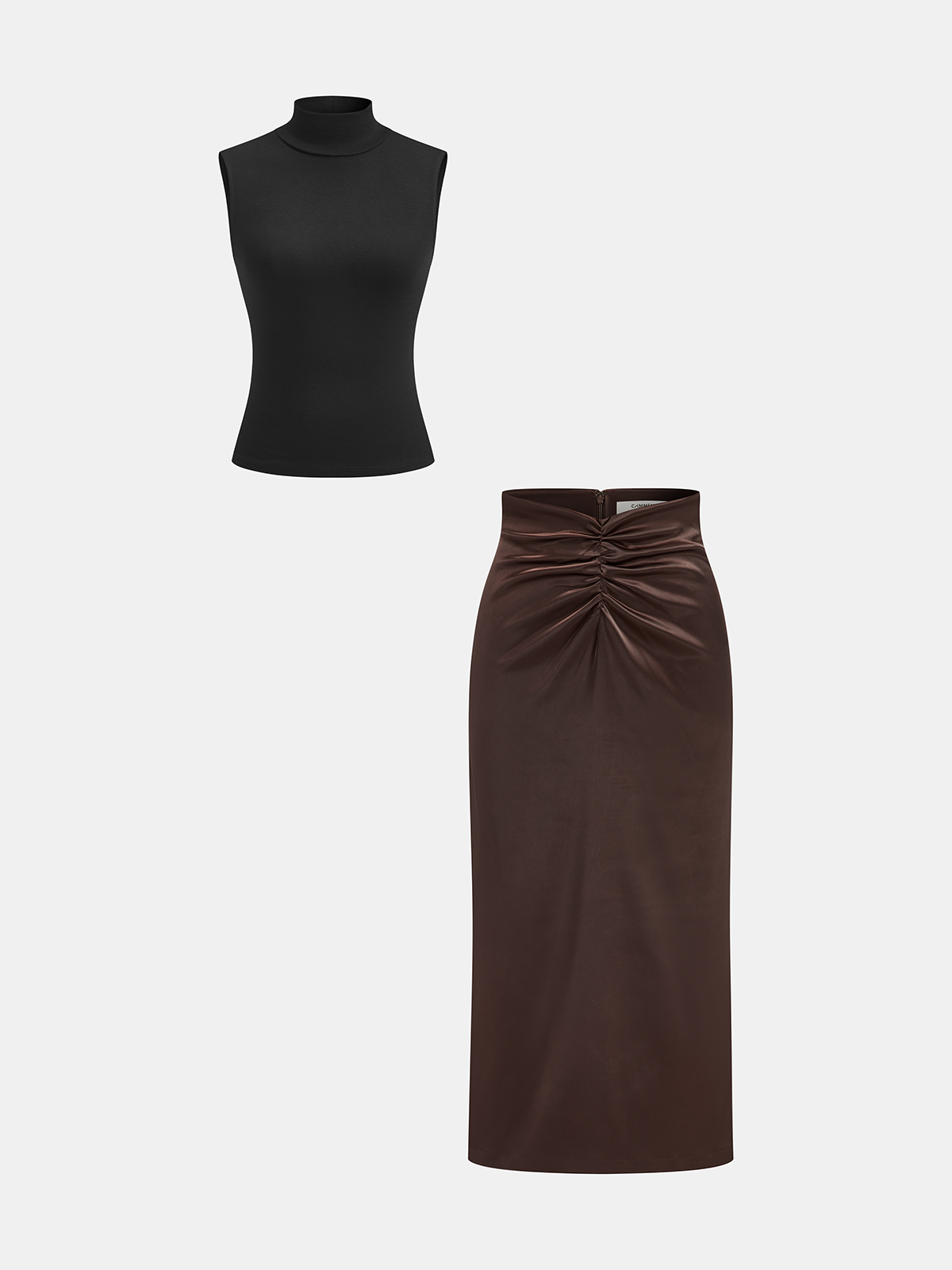 Mock Neck Top and Ruched Satin Skirt Set