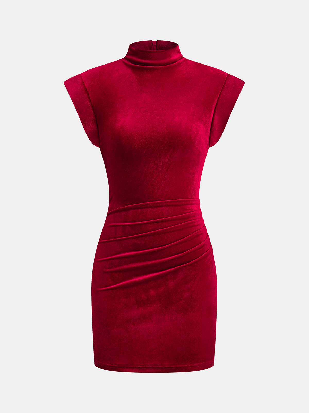 Robe sans manches froncée en velours à col montant