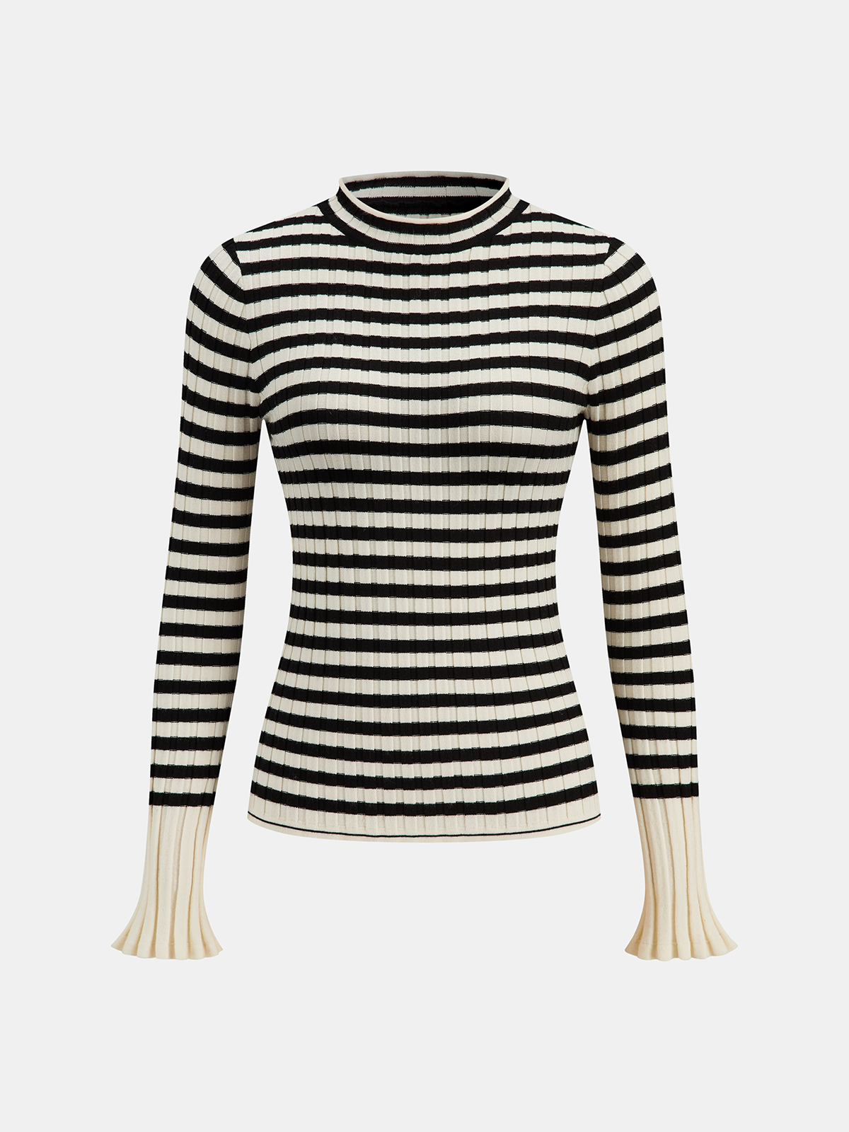 Striped Rib-Knit Flare-Cuff Sweater