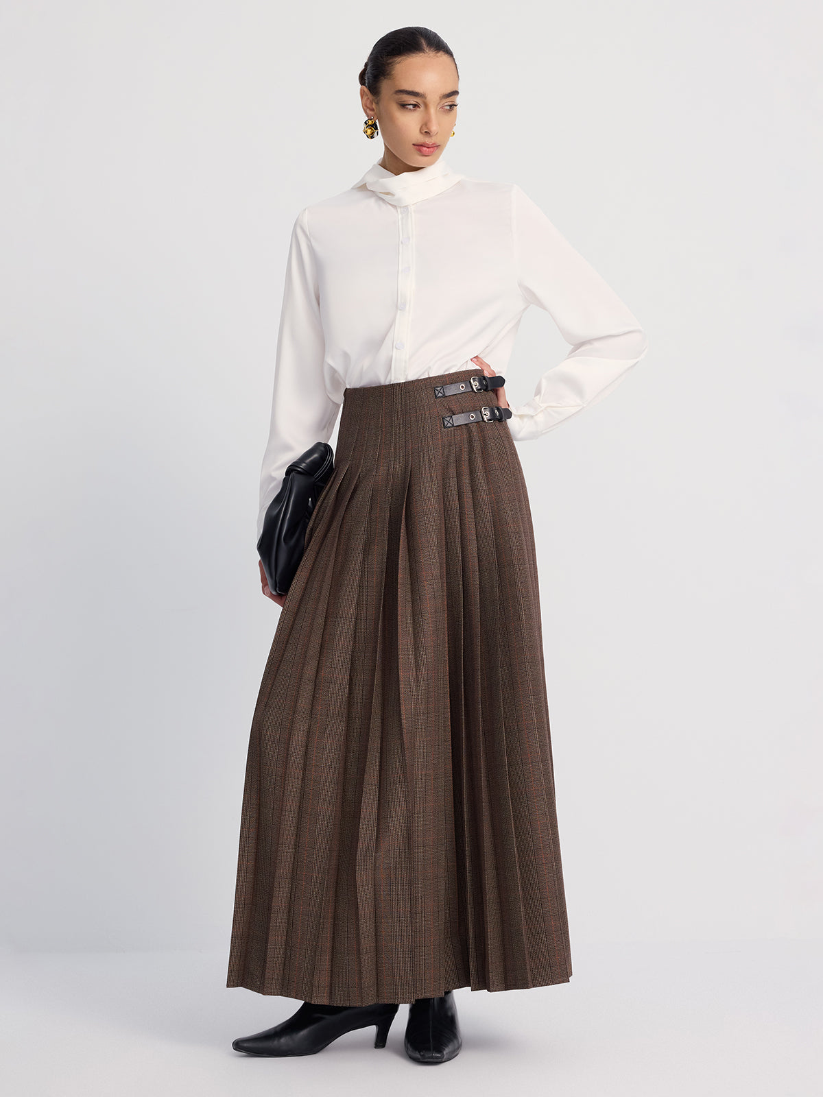 Leather-Buckle Pleated Plaid Maxi Skirt